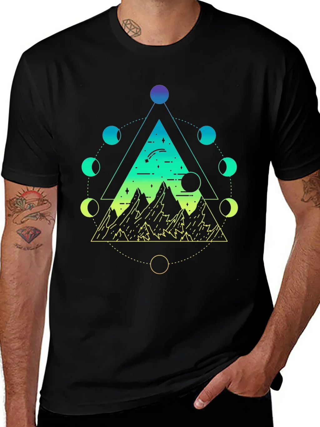 Geometric Moon Phase Mountain Black T-Shirt