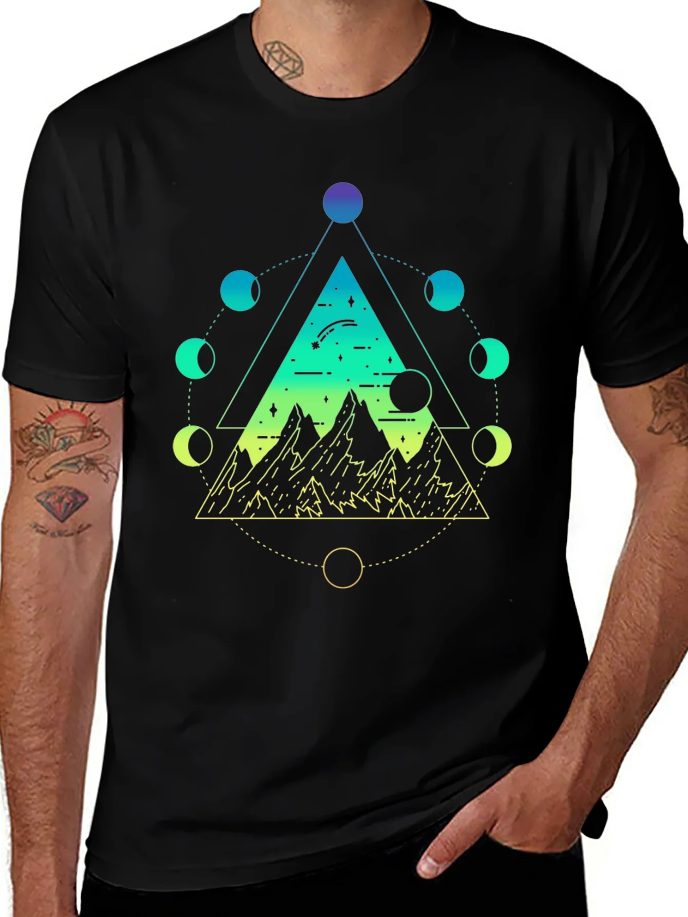 Geometric Moon Phase Mountain Black T-Shirt