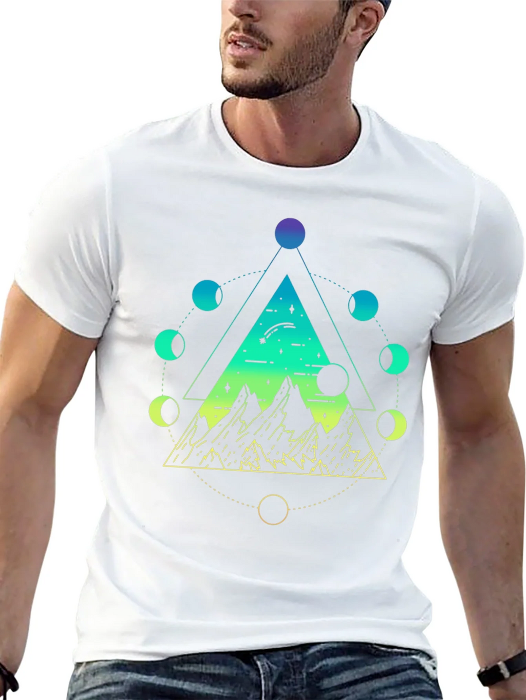 Geometric Moon Phase Mountain Black T-Shirt