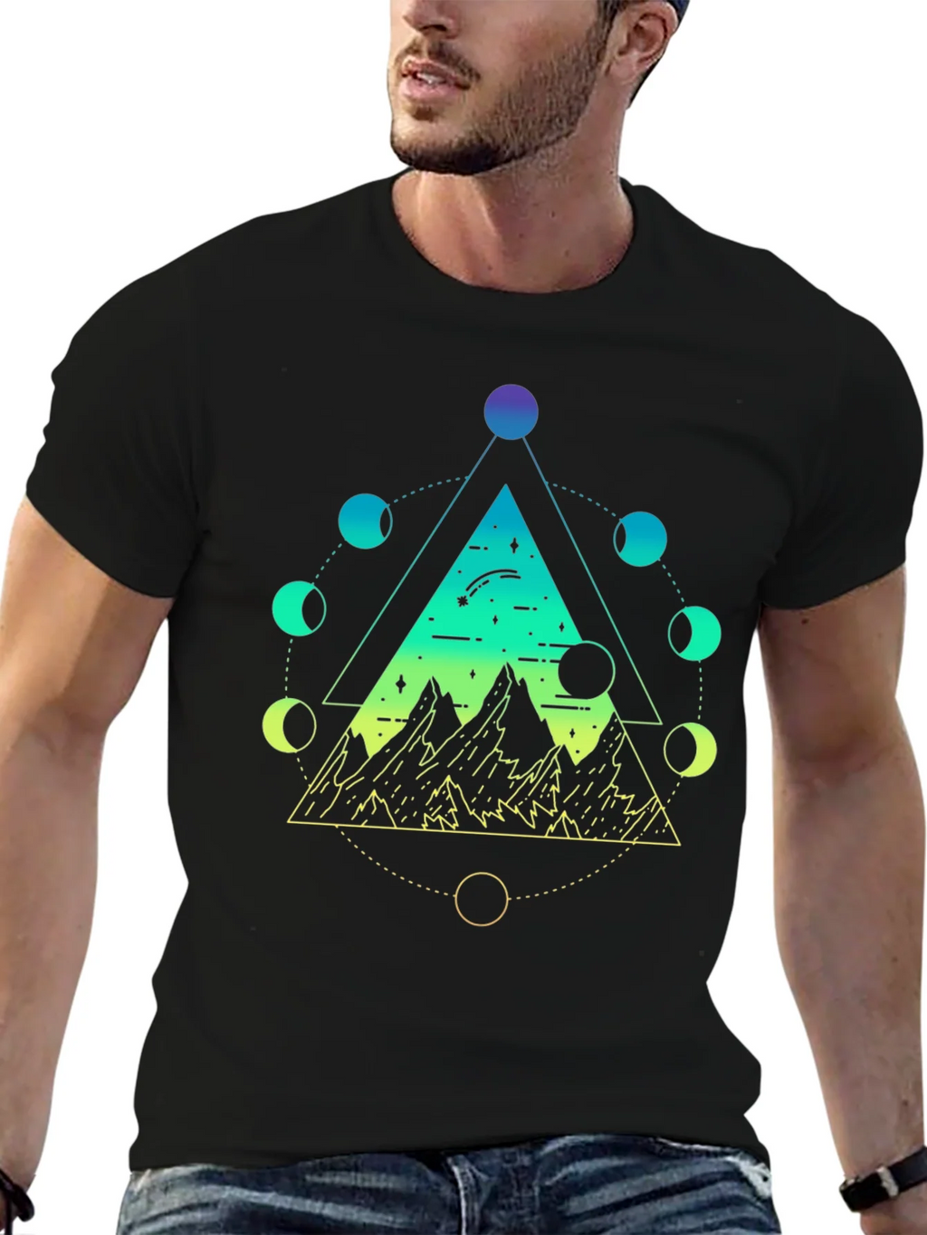Geometric Moon Phase Mountain Black T-Shirt