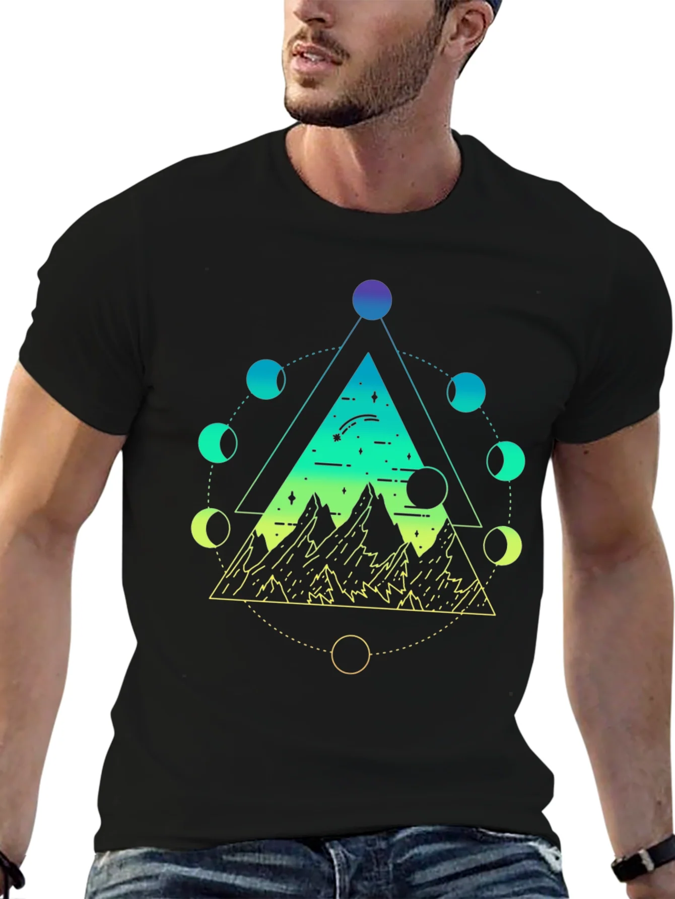 Geometric Moon Phase Mountain Black T-Shirt