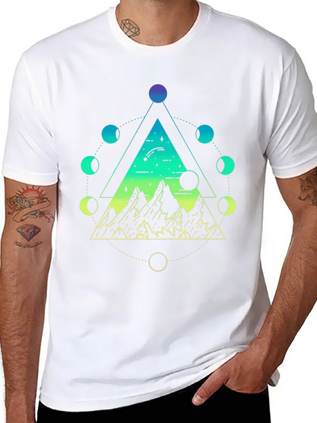 Geometric Moon Phase Mountain Black T-Shirt