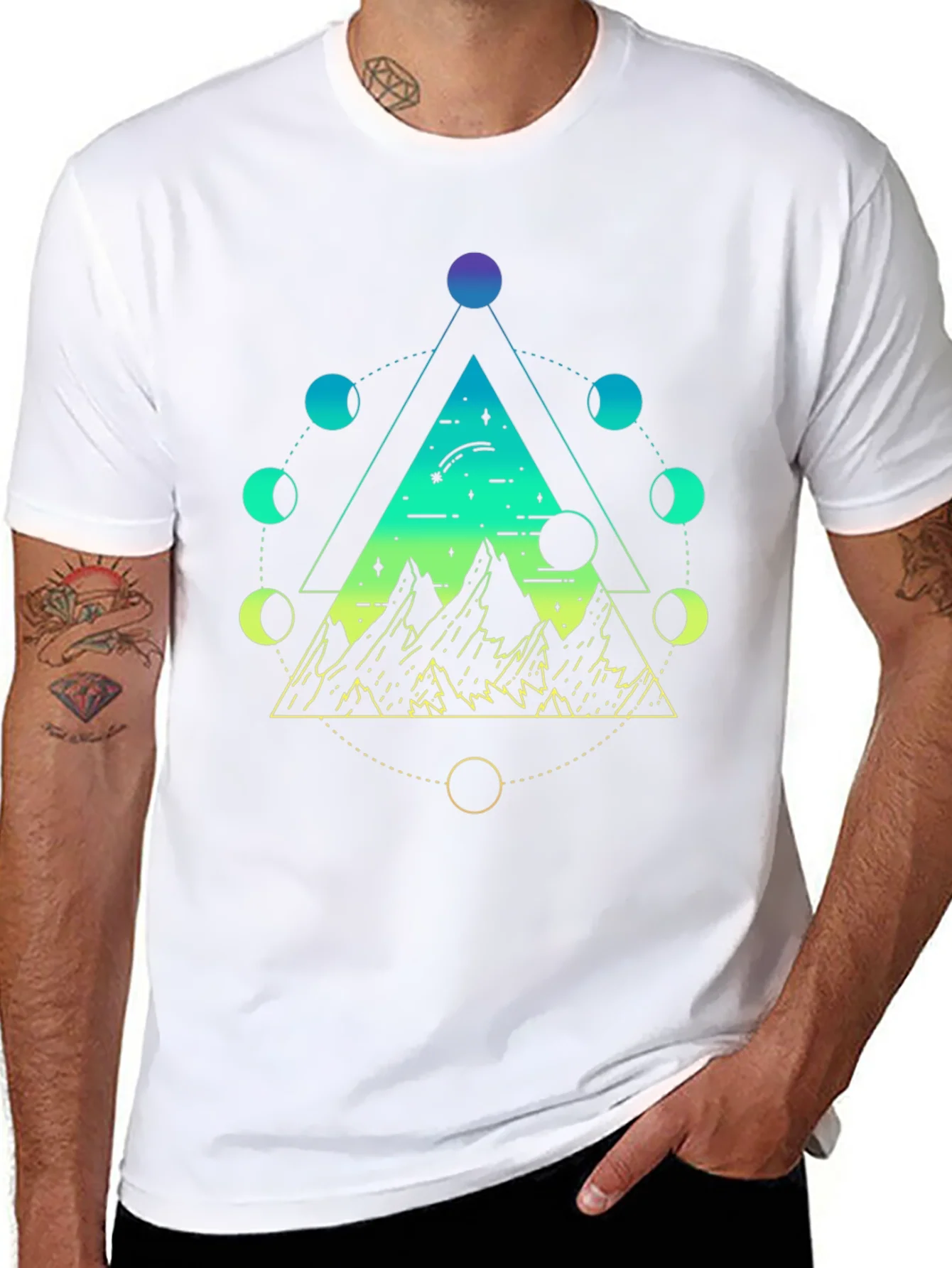 Geometric Moon Phase Mountain Black T-Shirt