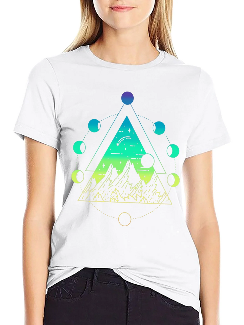 Geometric Moon Phase Mountain Black T-Shirt