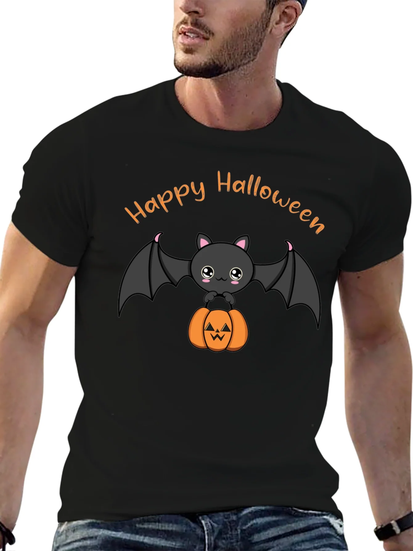 Cute Happy Halloween Bat and Pumpkin Black T-Shirt