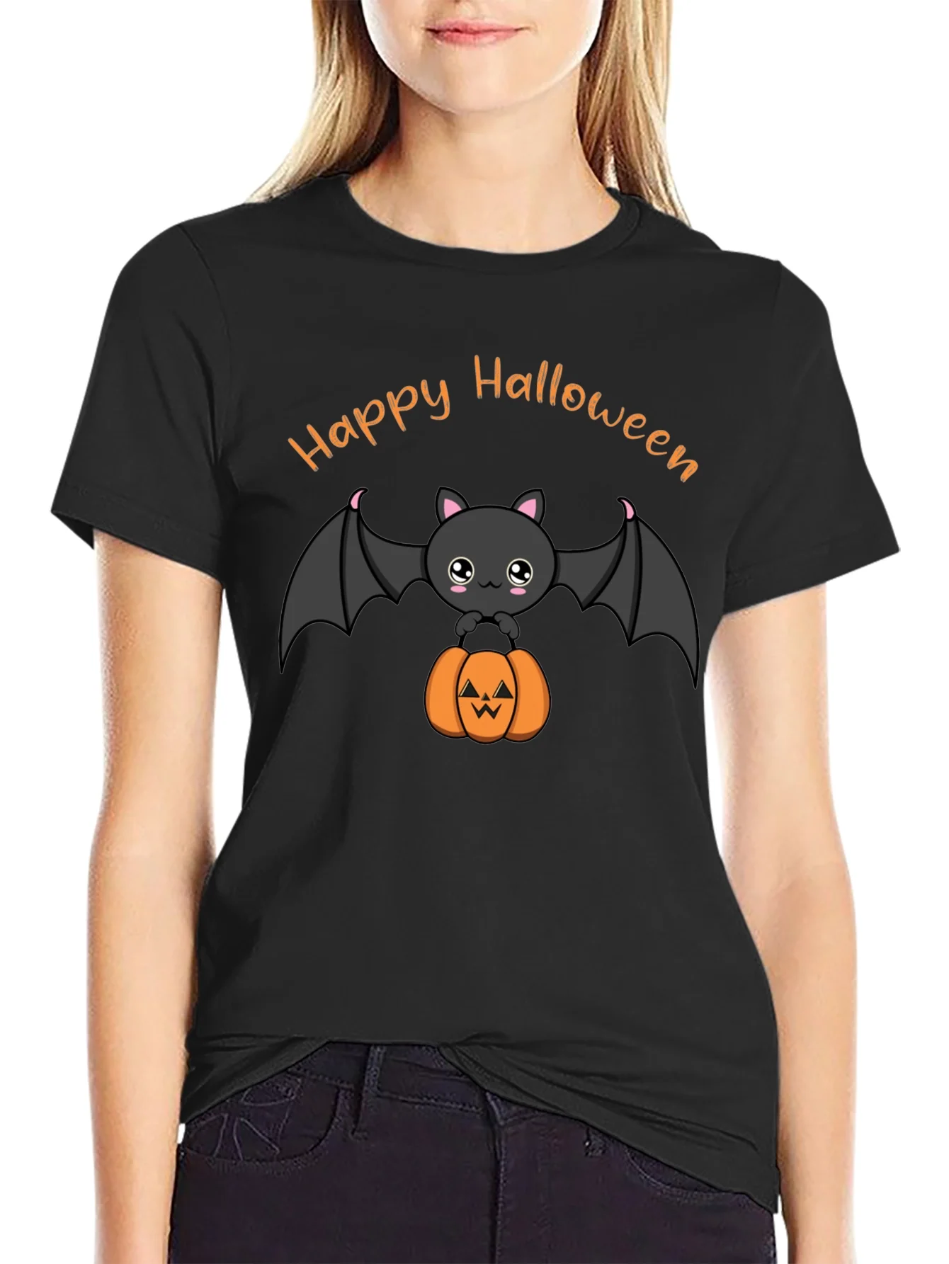 Cute Happy Halloween Bat and Pumpkin Black T-Shirt