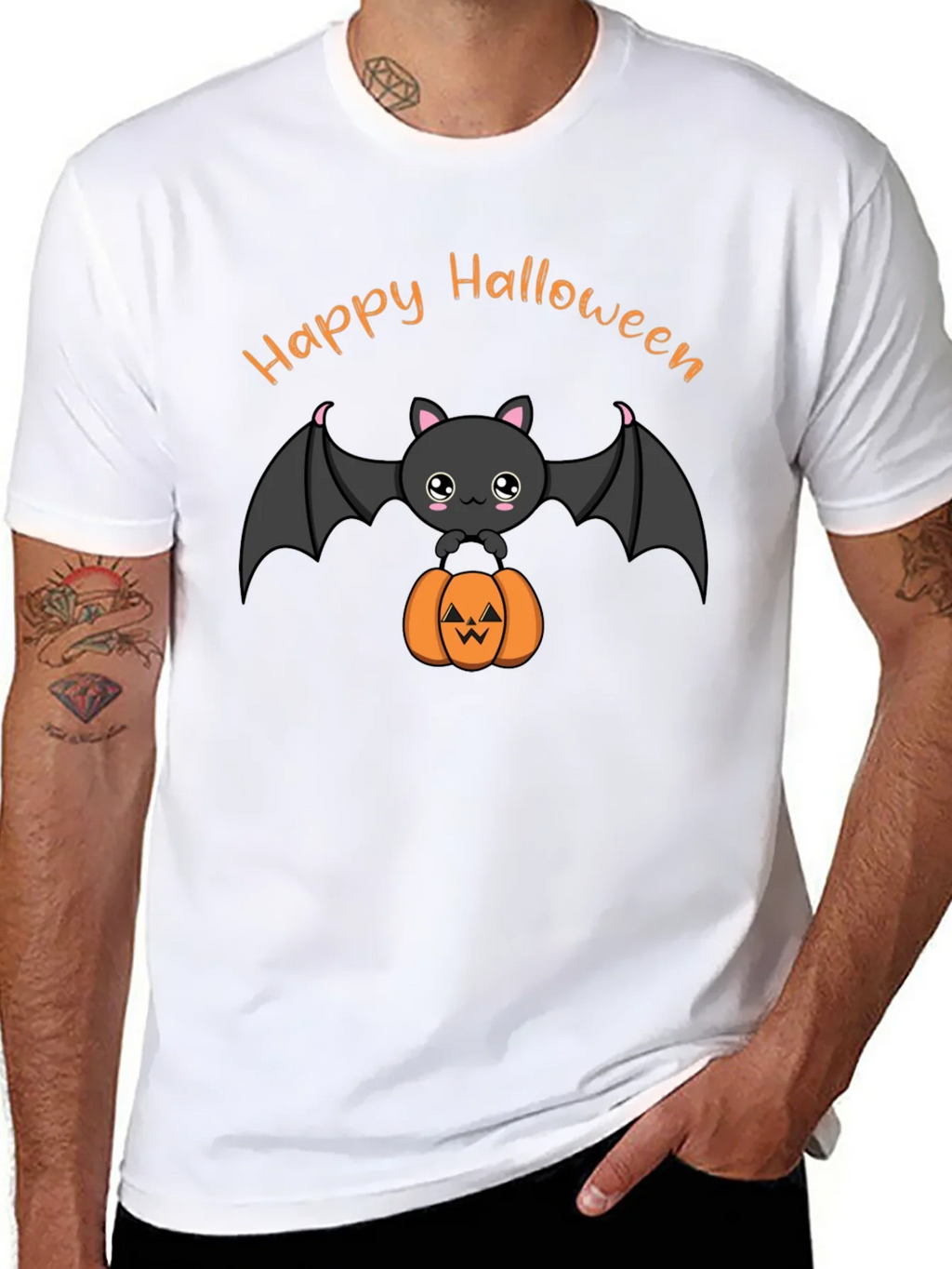 Cute Happy Halloween Bat and Pumpkin Black T-Shirt