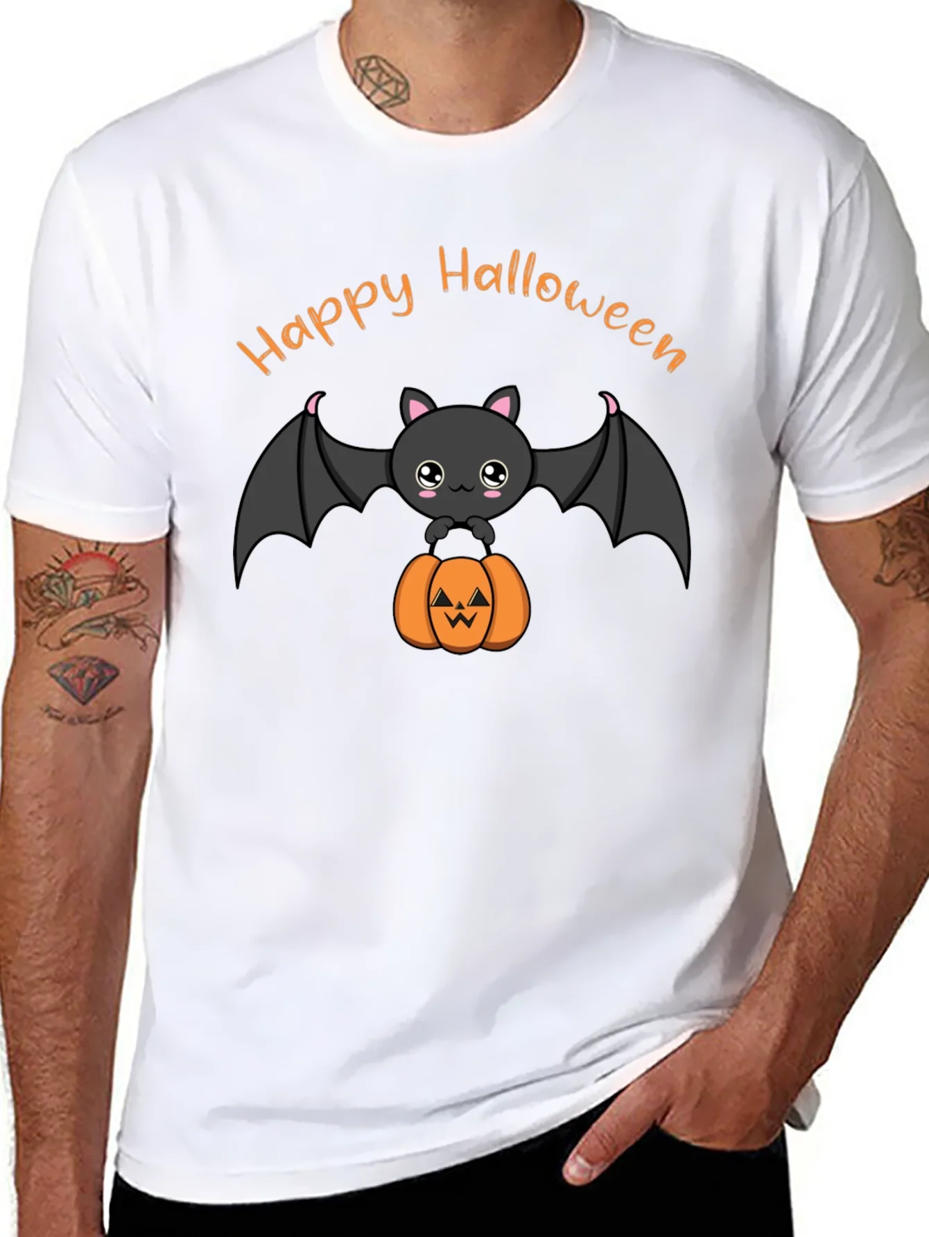 Cute Happy Halloween Bat and Pumpkin Black T-Shirt