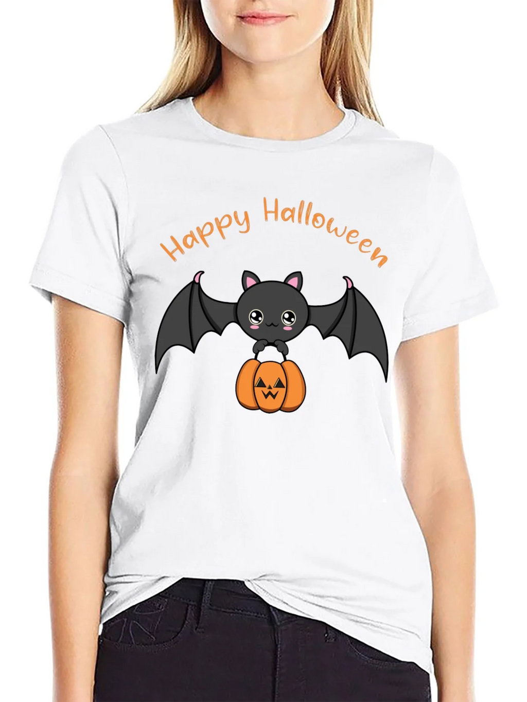 Cute Happy Halloween Bat and Pumpkin Black T-Shirt