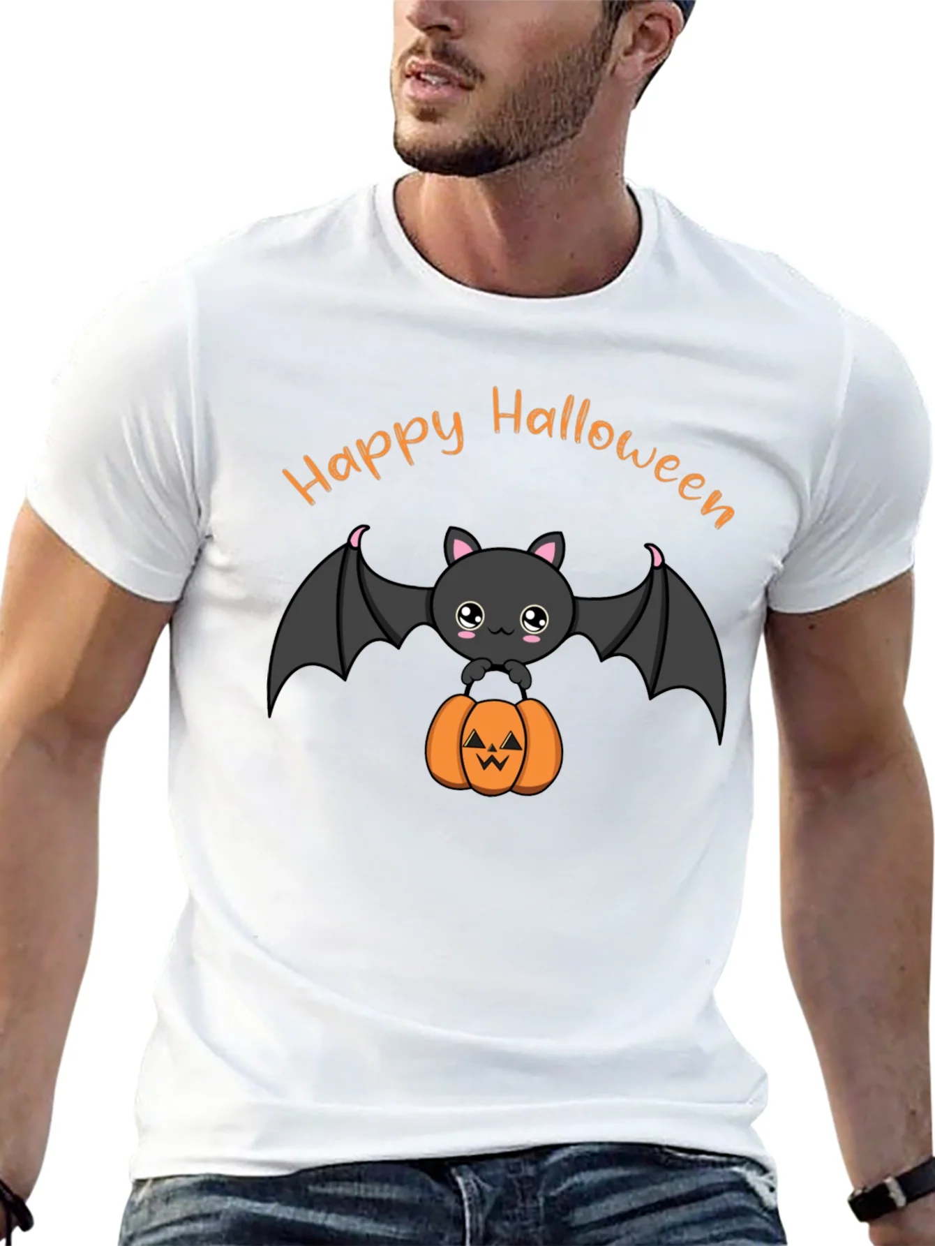Cute Happy Halloween Bat and Pumpkin Black T-Shirt
