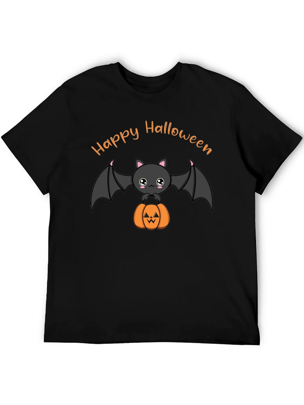 Cute Happy Halloween Bat and Pumpkin Black T-Shirt
