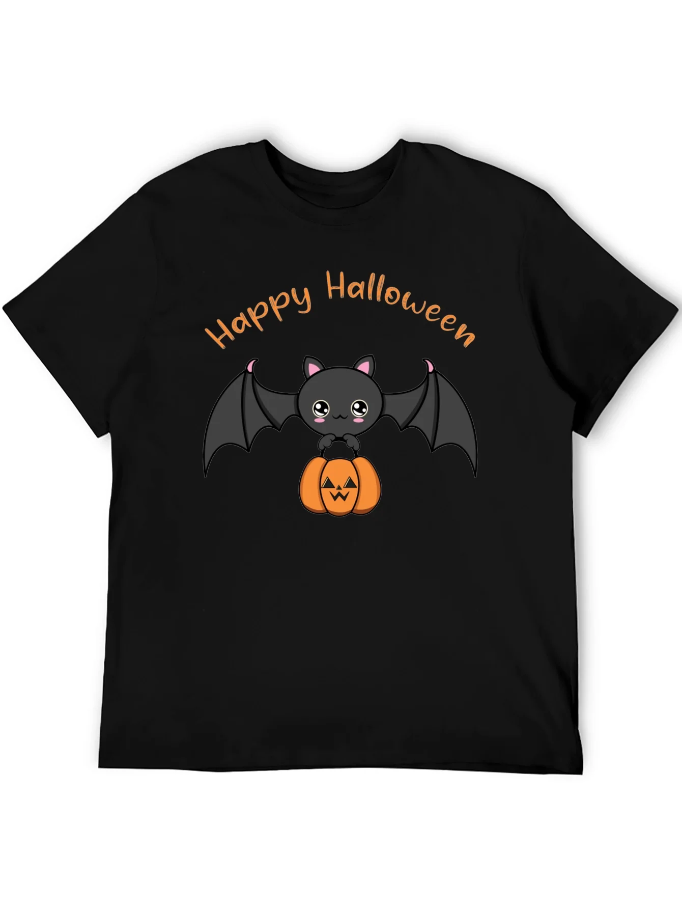 Cute Happy Halloween Bat and Pumpkin Black T-Shirt
