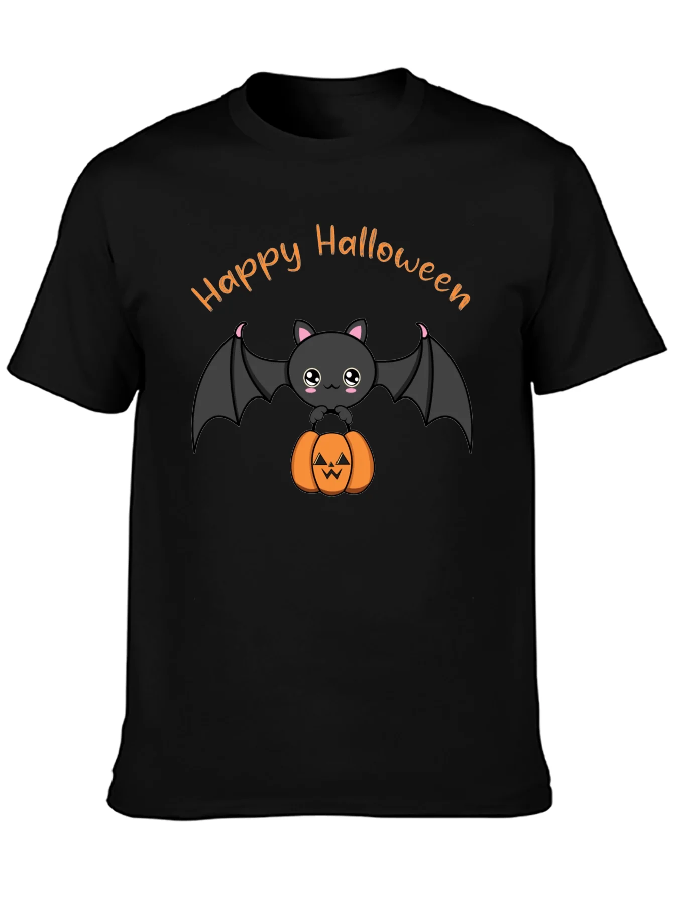 Cute Happy Halloween Bat and Pumpkin Black T-Shirt