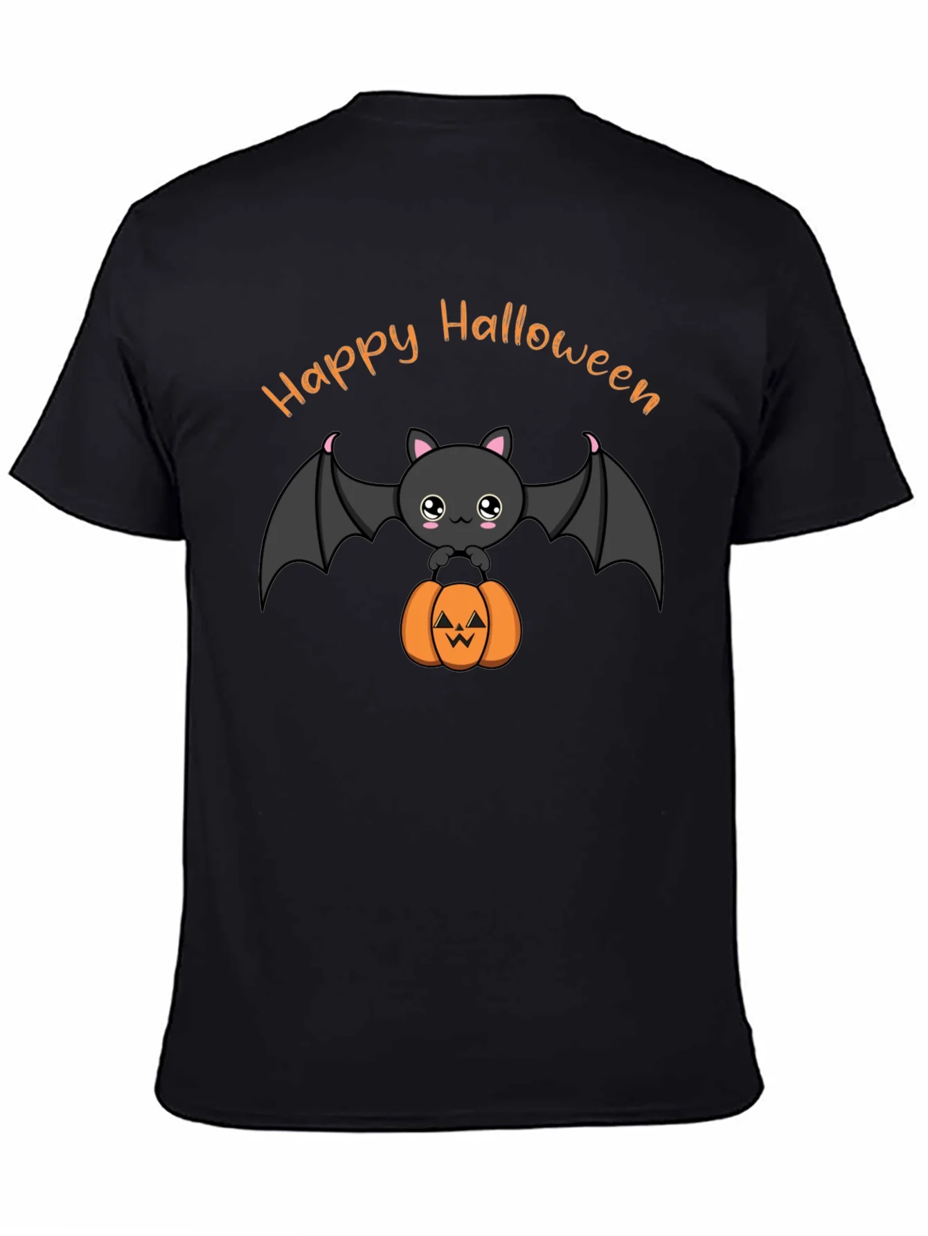 Cute Happy Halloween Bat and Pumpkin Black T-Shirt