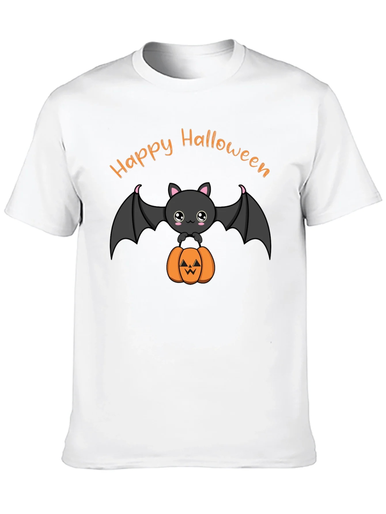 Cute Happy Halloween Bat and Pumpkin Black T-Shirt