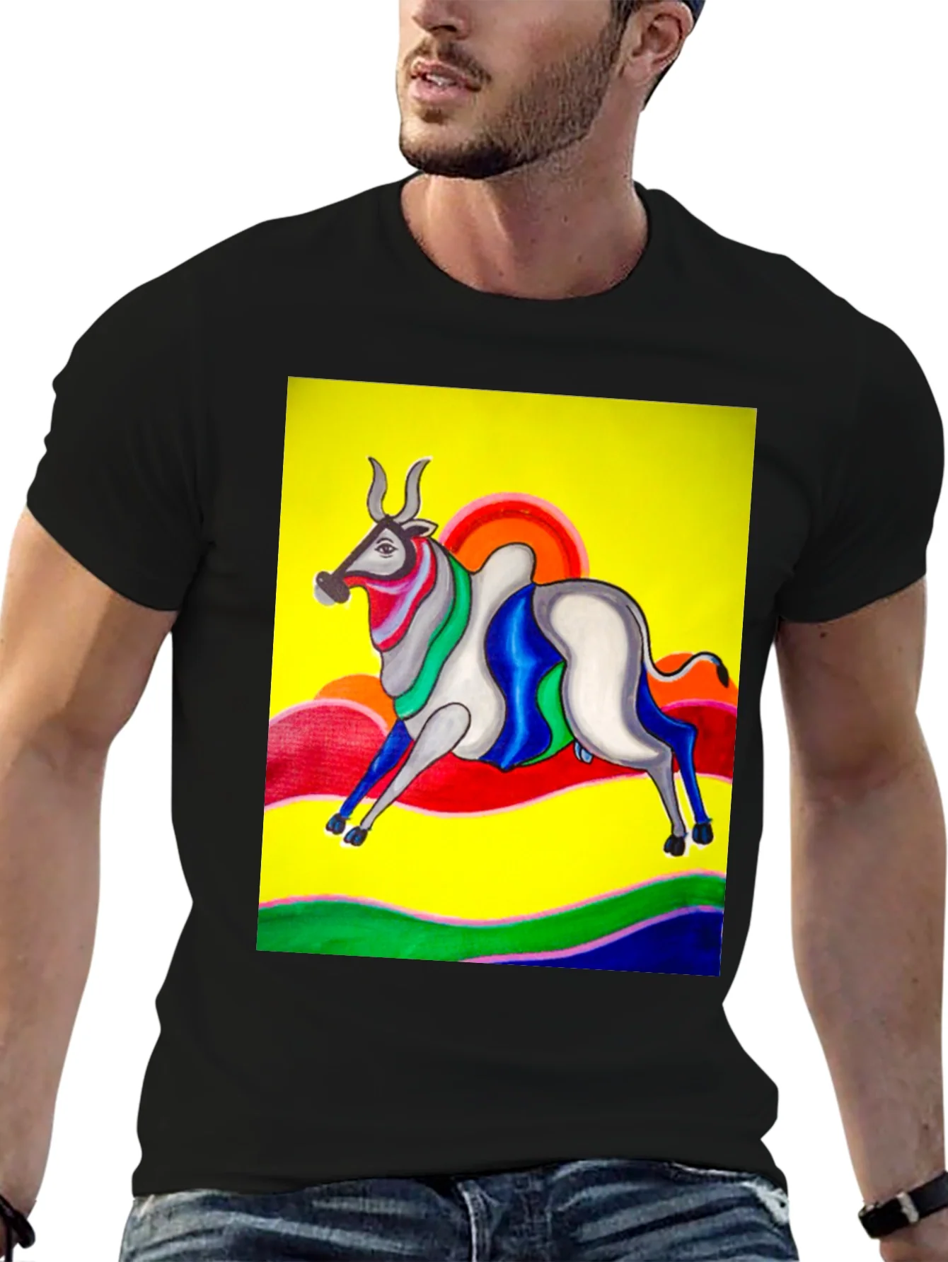 Colorful Bull Graphic Tee - Artistic Print