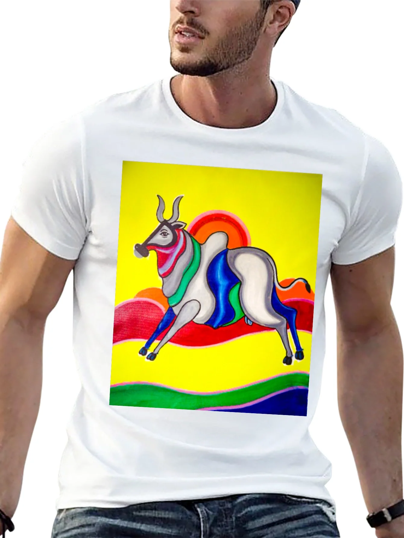 Colorful Bull Graphic Tee - Artistic Print