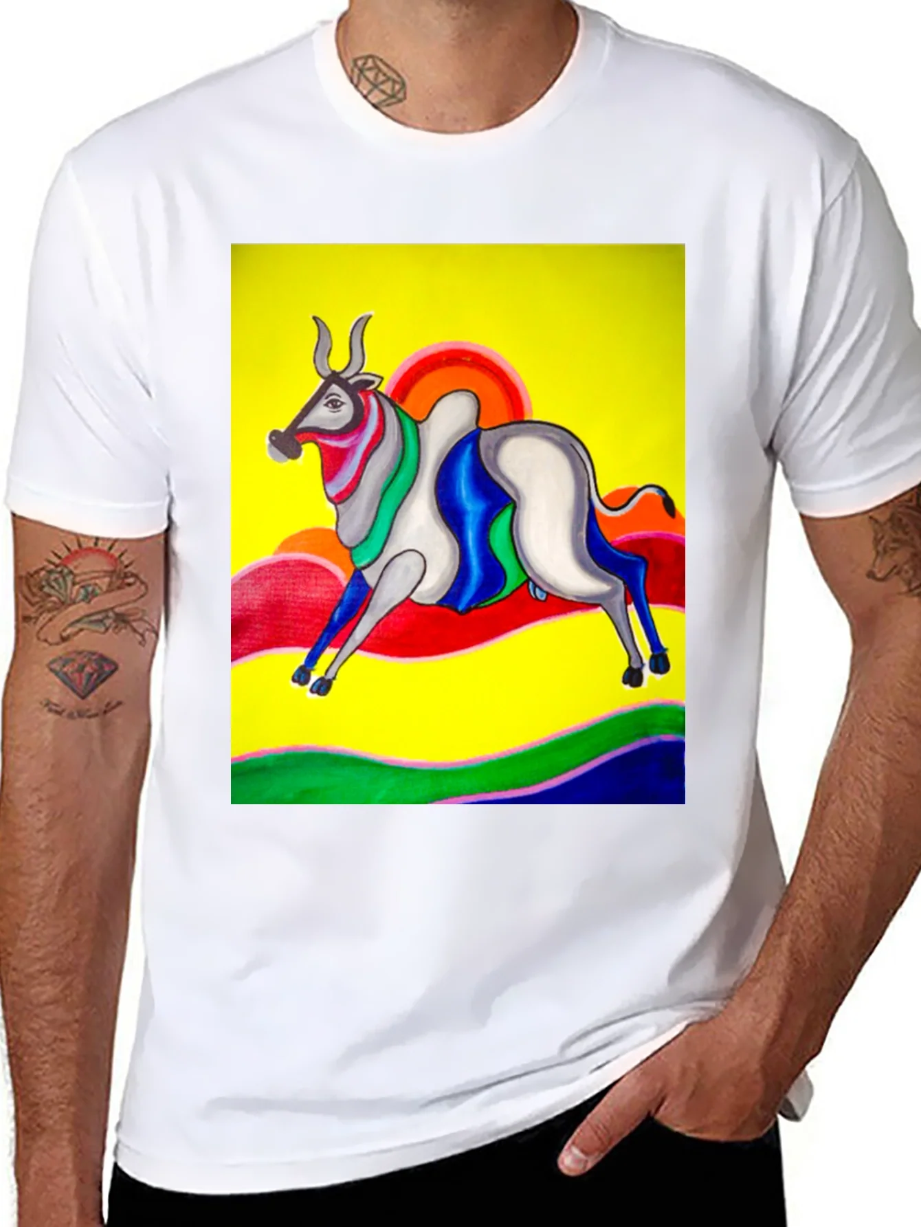 Colorful Bull Graphic Tee - Artistic Print