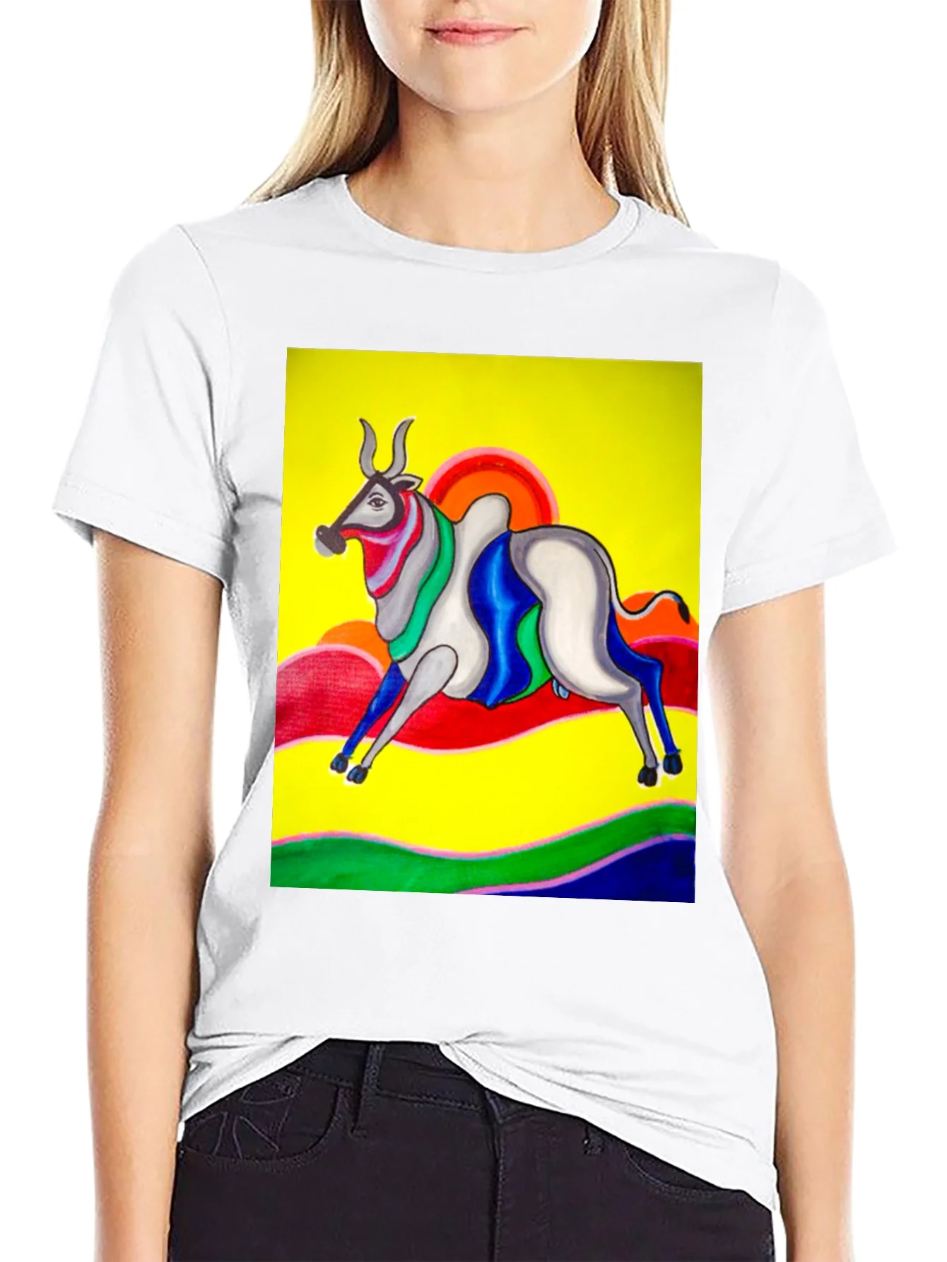 Colorful Bull Graphic Tee - Artistic Print