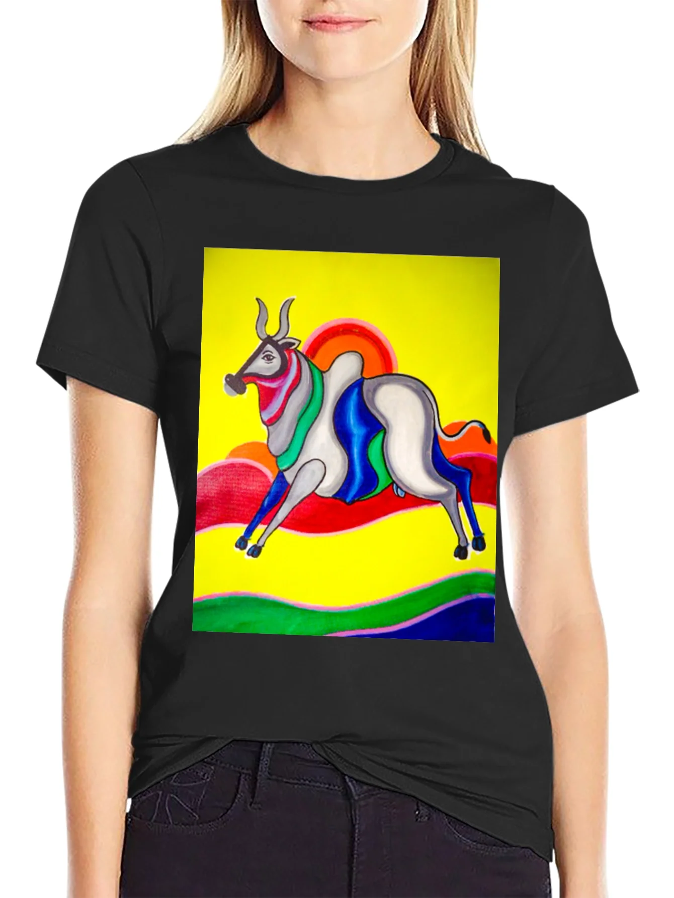 Colorful Bull Graphic Tee - Artistic Print