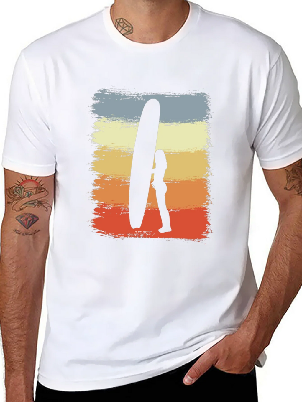 Retro Surf Tee: Sunset Silhouette Surfer Graphic T-Shirt
