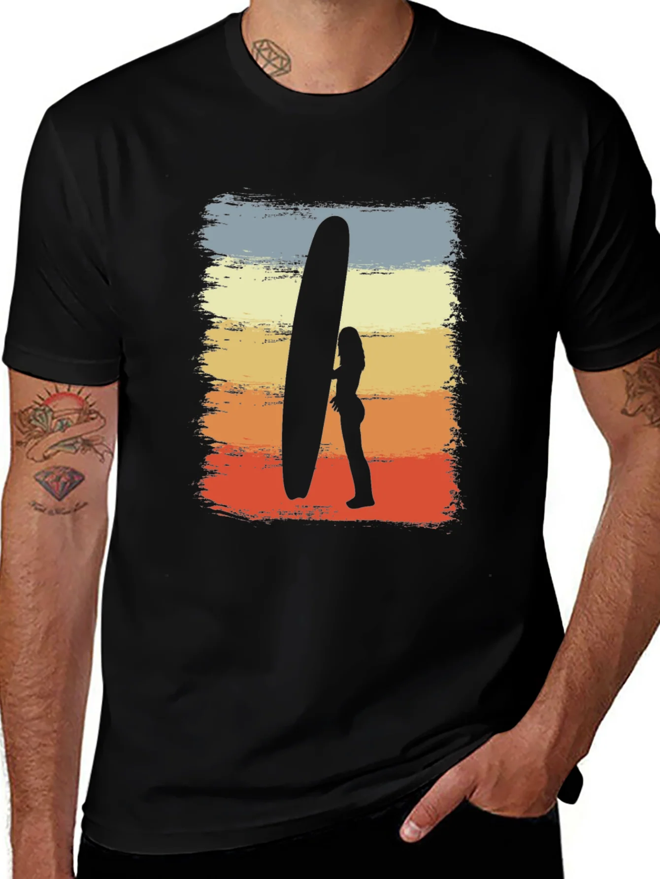 Retro Surf Tee: Sunset Silhouette Surfer Graphic T-Shirt