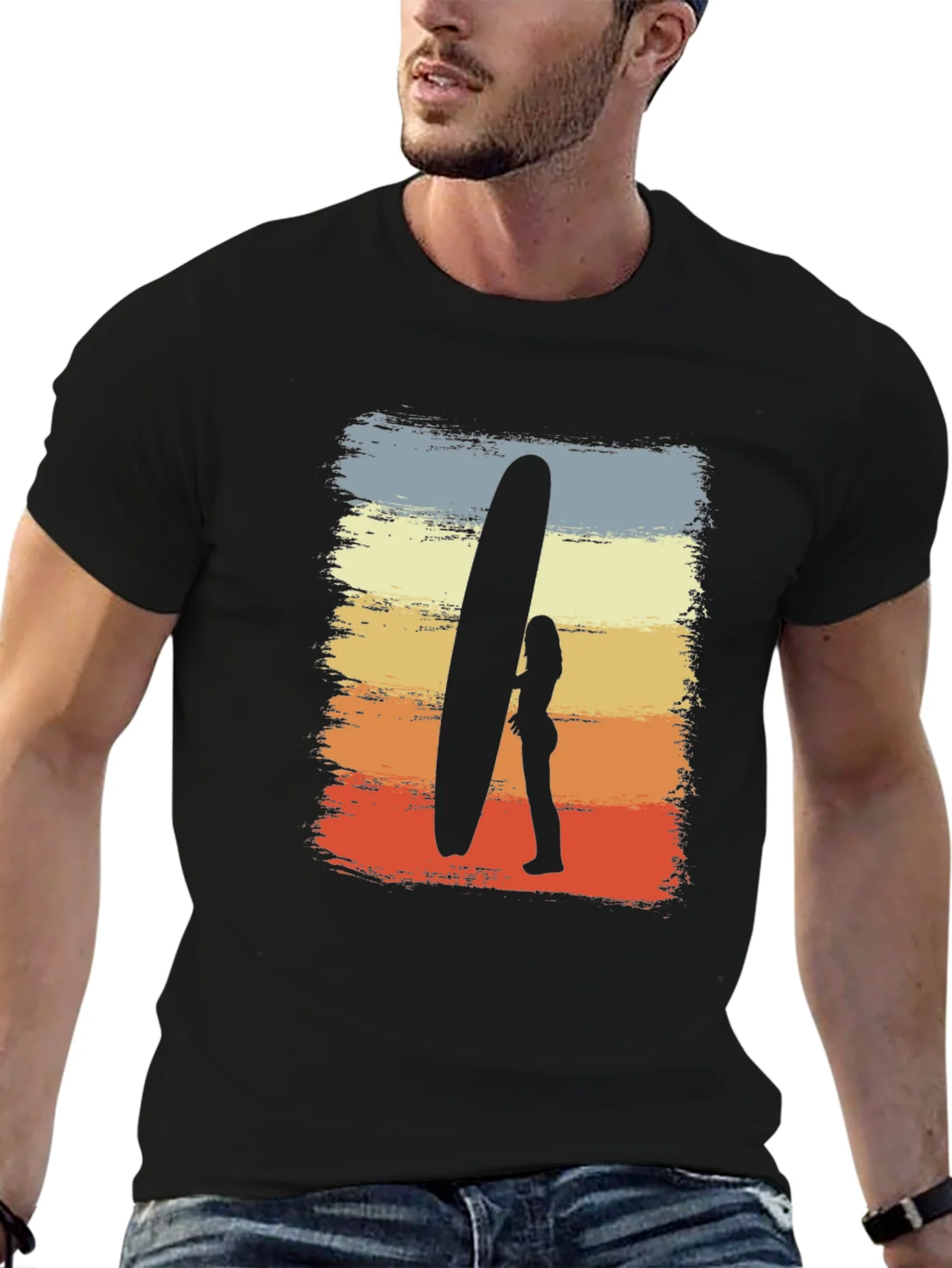 Retro Surf Tee: Sunset Silhouette Surfer Graphic T-Shirt