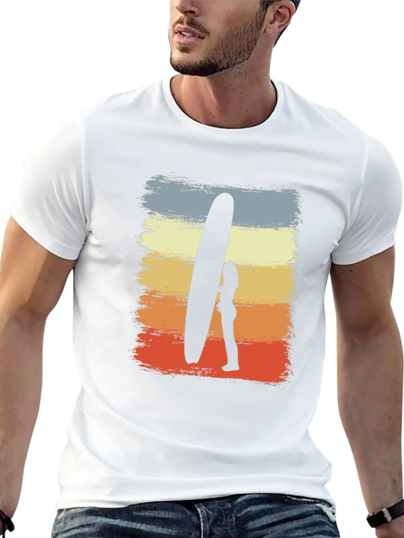 Retro Surf Tee: Sunset Silhouette Surfer Graphic T-Shirt