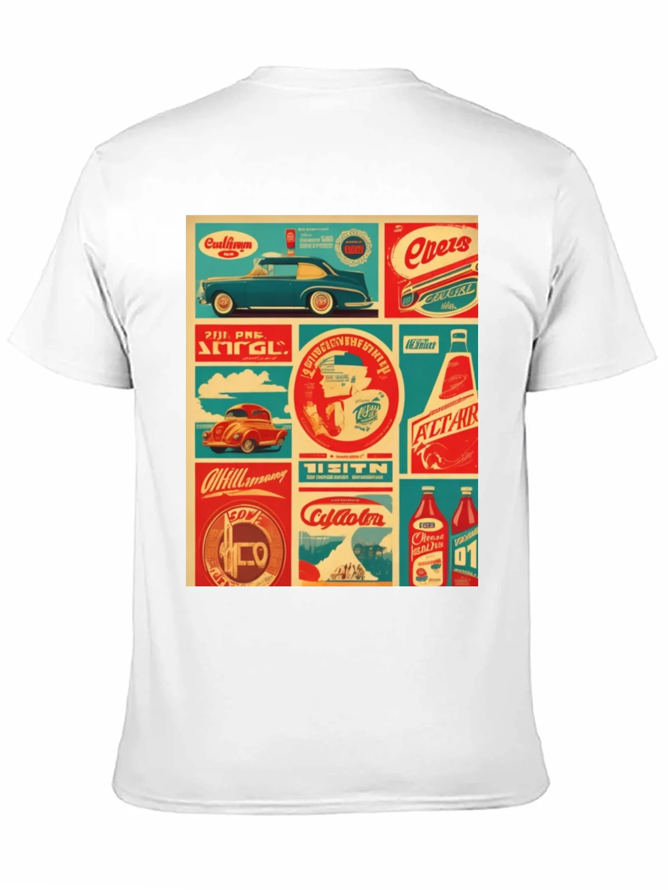Retro Collage Graphic Tee - Vintage Soda & Car Design