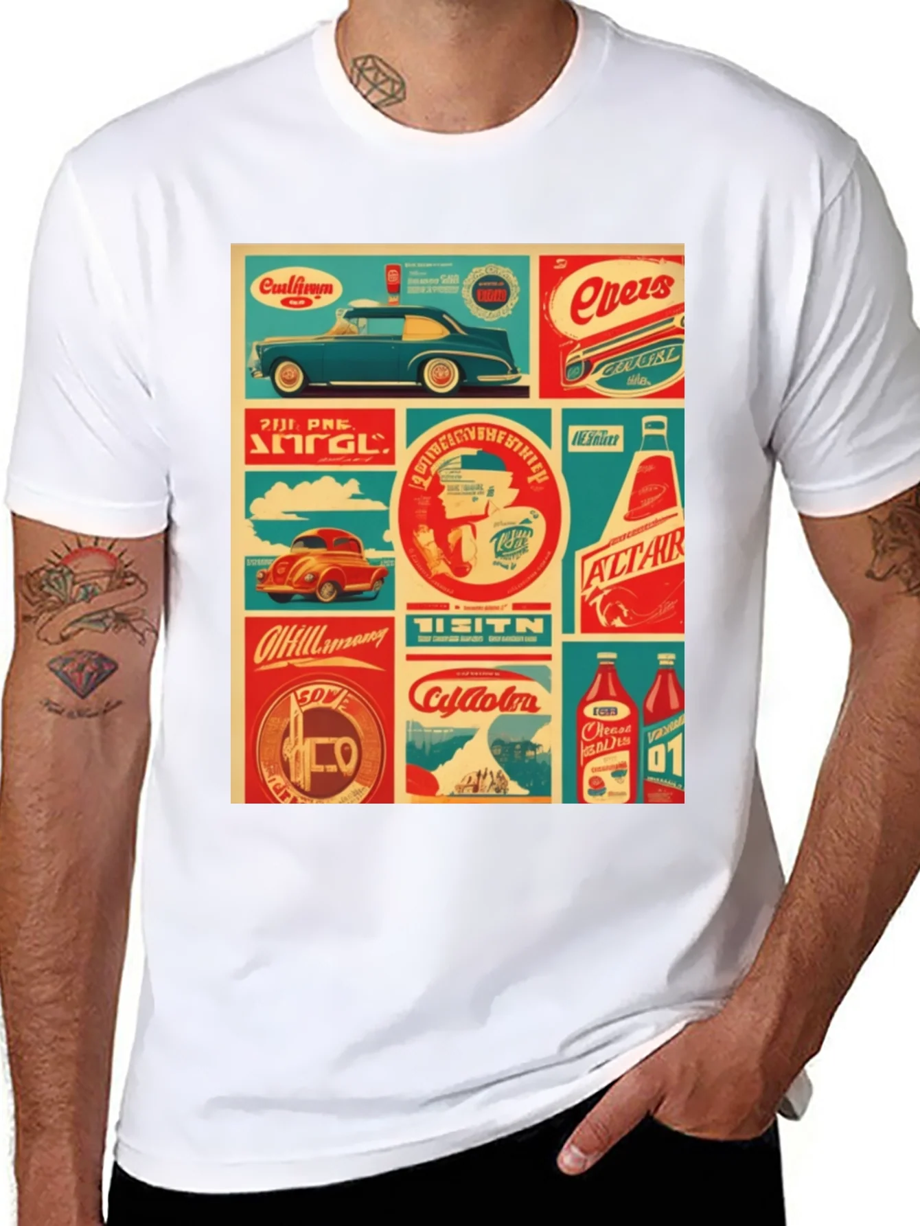 Retro Collage Graphic Tee - Vintage Soda & Car Design
