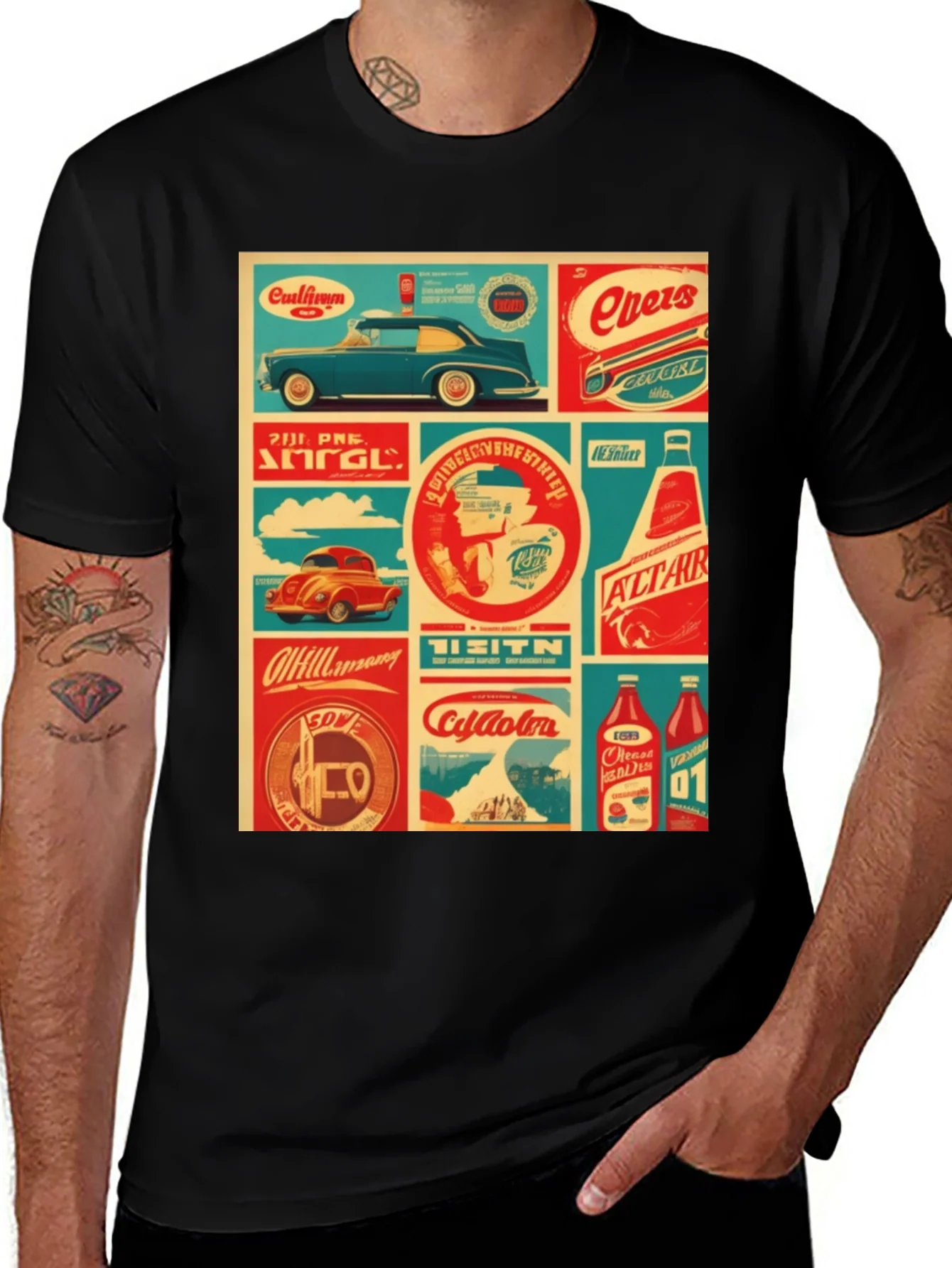 Retro Collage Graphic Tee - Vintage Soda & Car Design