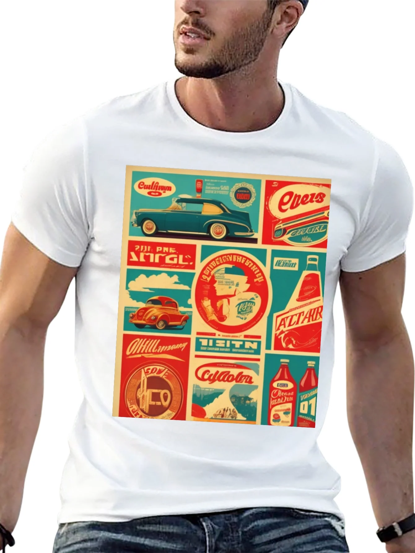 Retro Collage Graphic Tee - Vintage Soda & Car Design