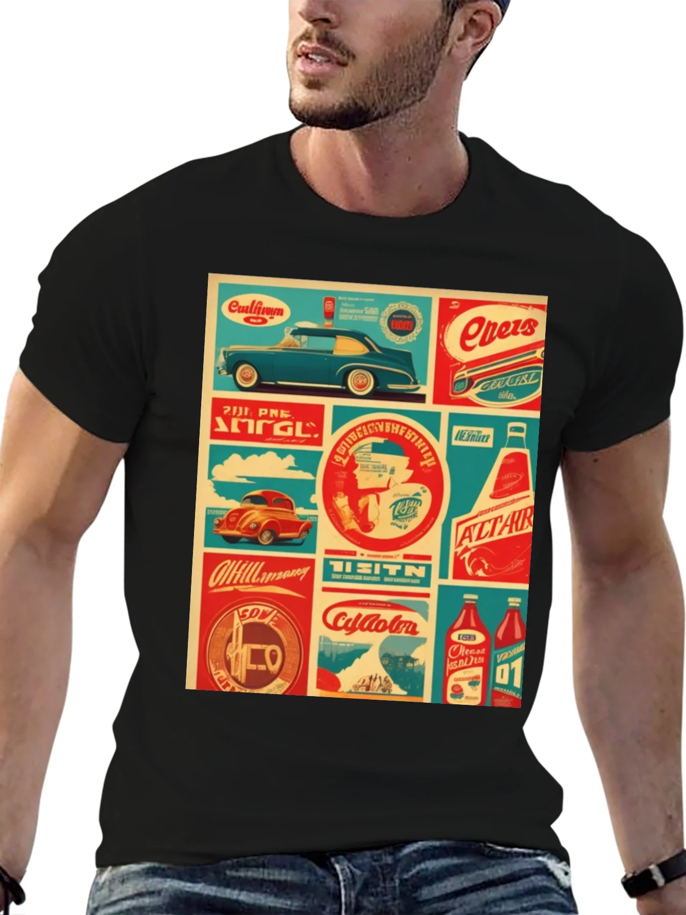 Retro Collage Graphic Tee - Vintage Soda & Car Design