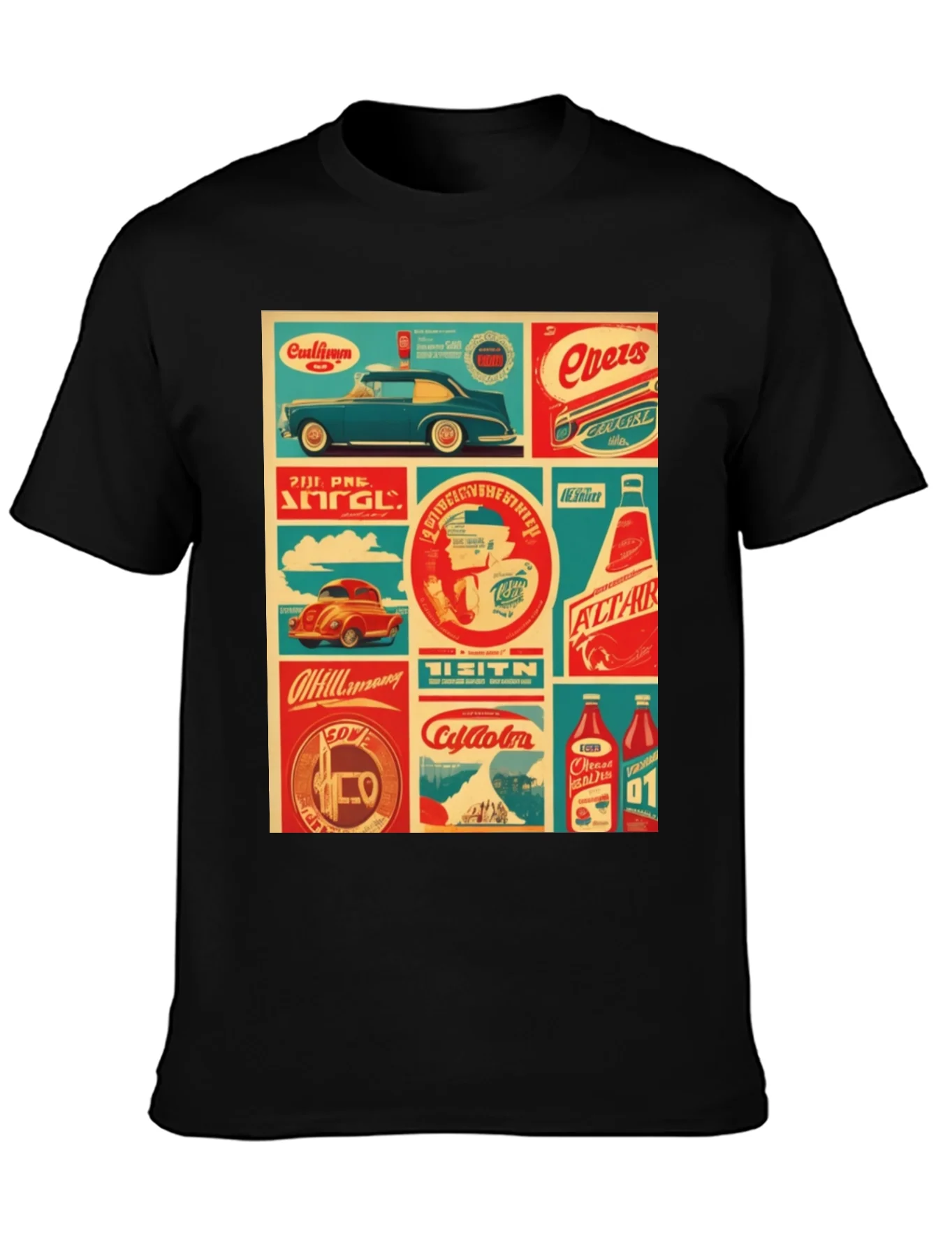 Retro Collage Graphic Tee - Vintage Soda & Car Design
