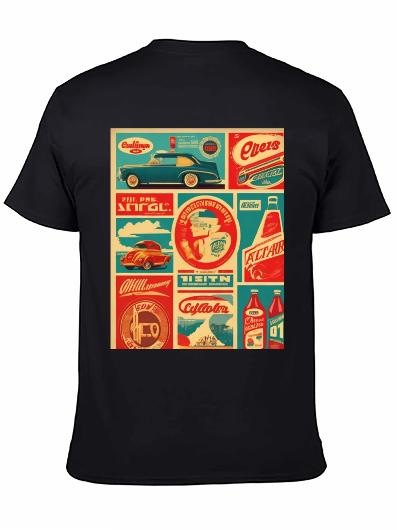 Retro Collage Graphic Tee - Vintage Soda & Car Design