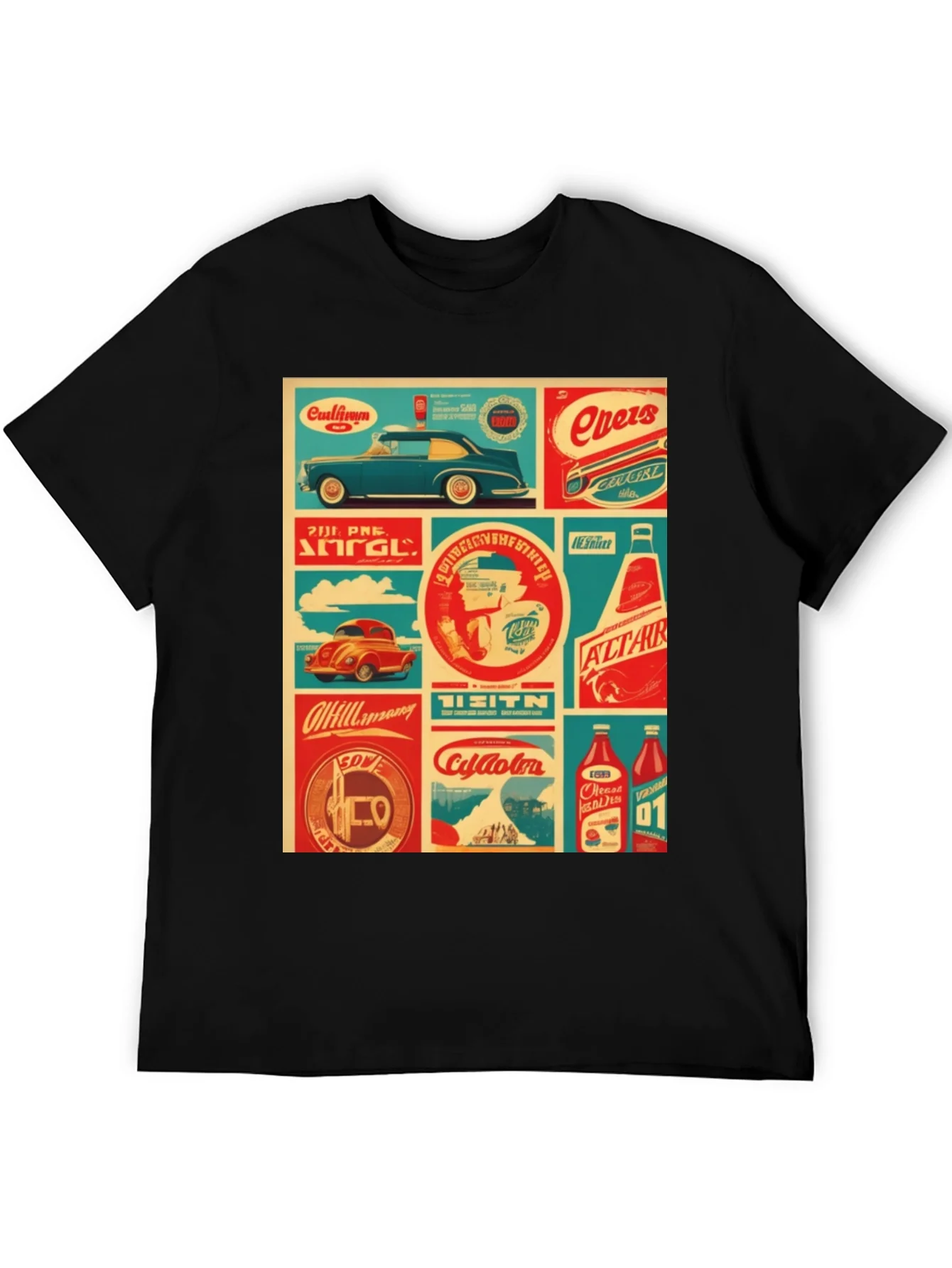 Retro Collage Graphic Tee - Vintage Soda & Car Design