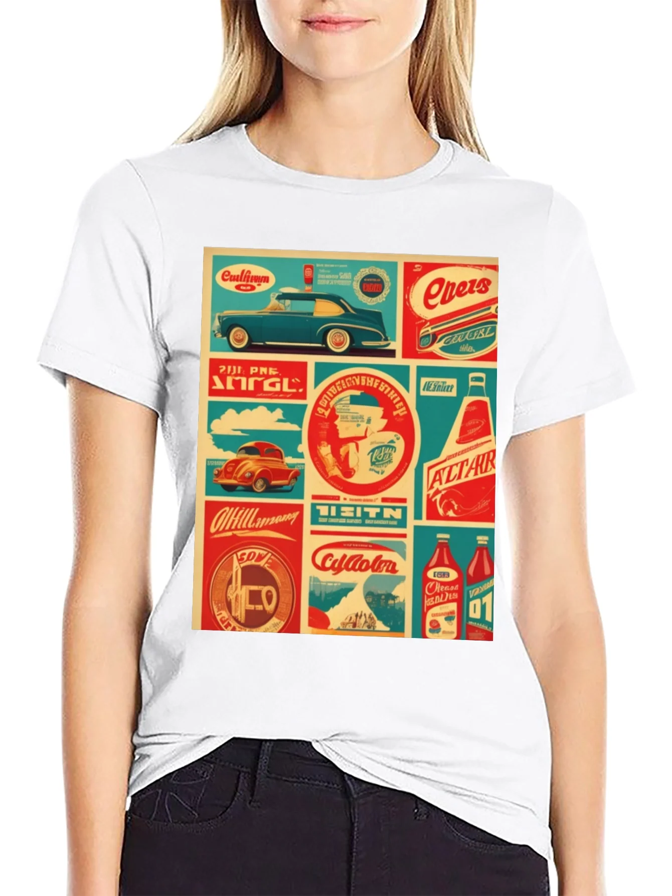 Retro Collage Graphic Tee - Vintage Soda & Car Design