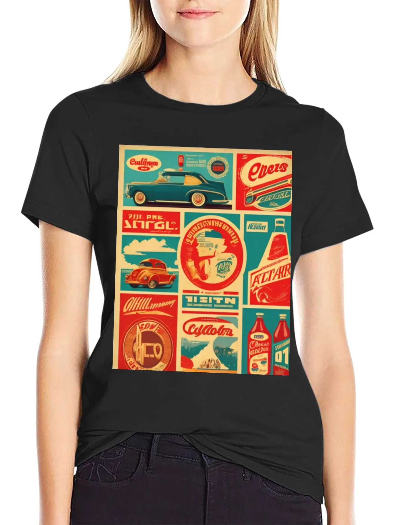 Retro Collage Graphic Tee - Vintage Soda & Car Design