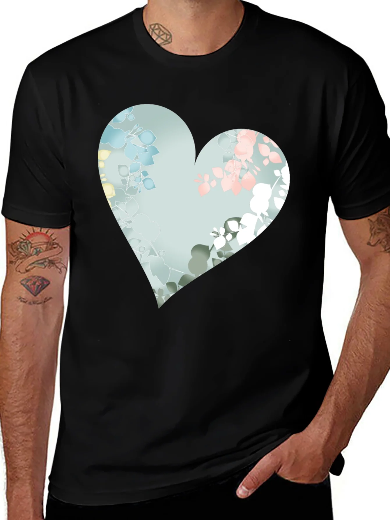 Floral Heart Graphic Black Tee