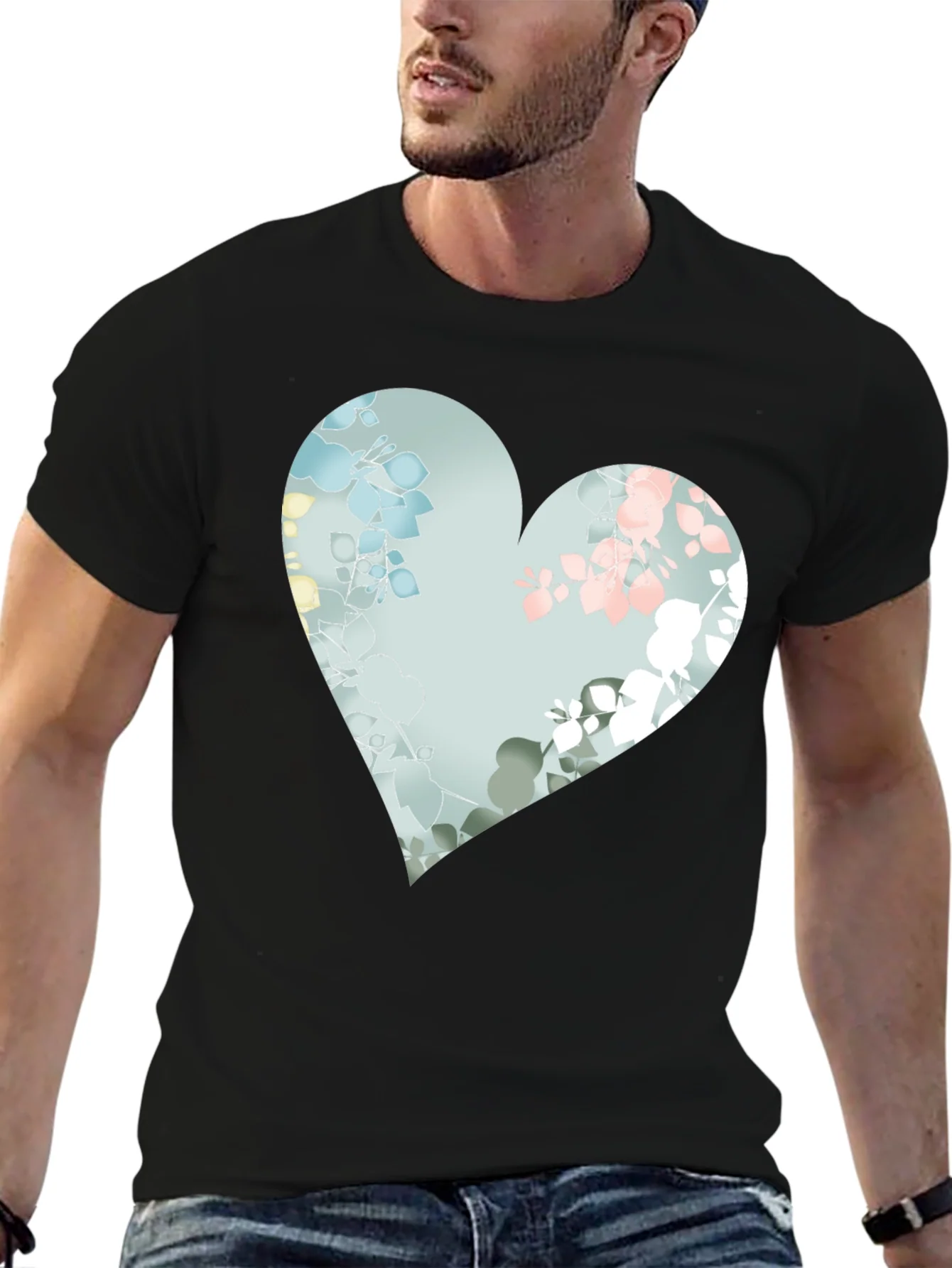 Floral Heart Graphic Black Tee