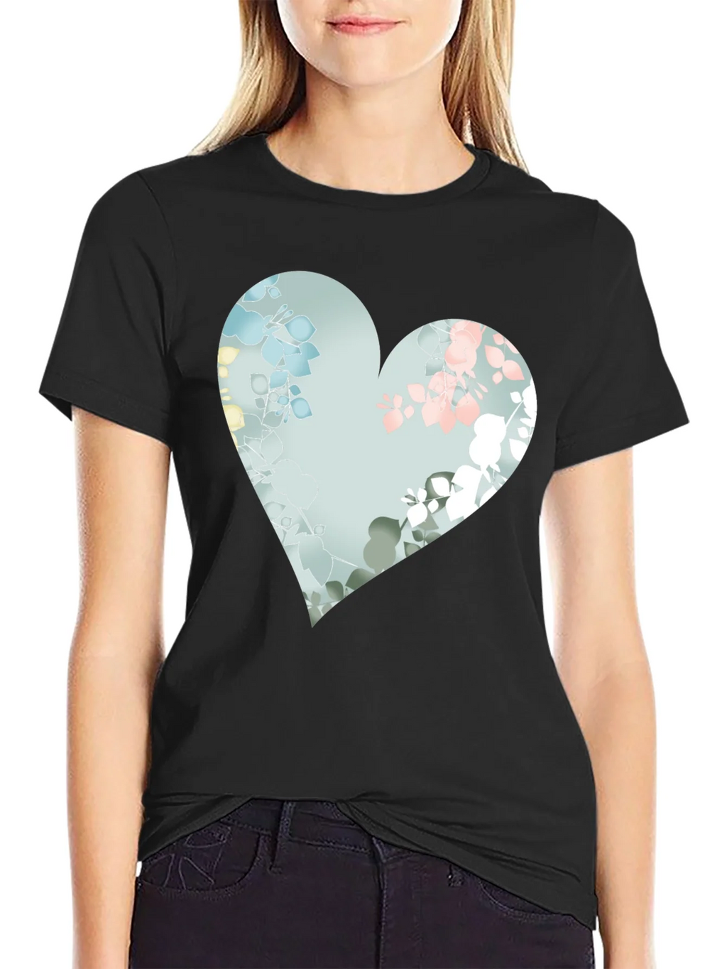 Floral Heart Graphic Black Tee