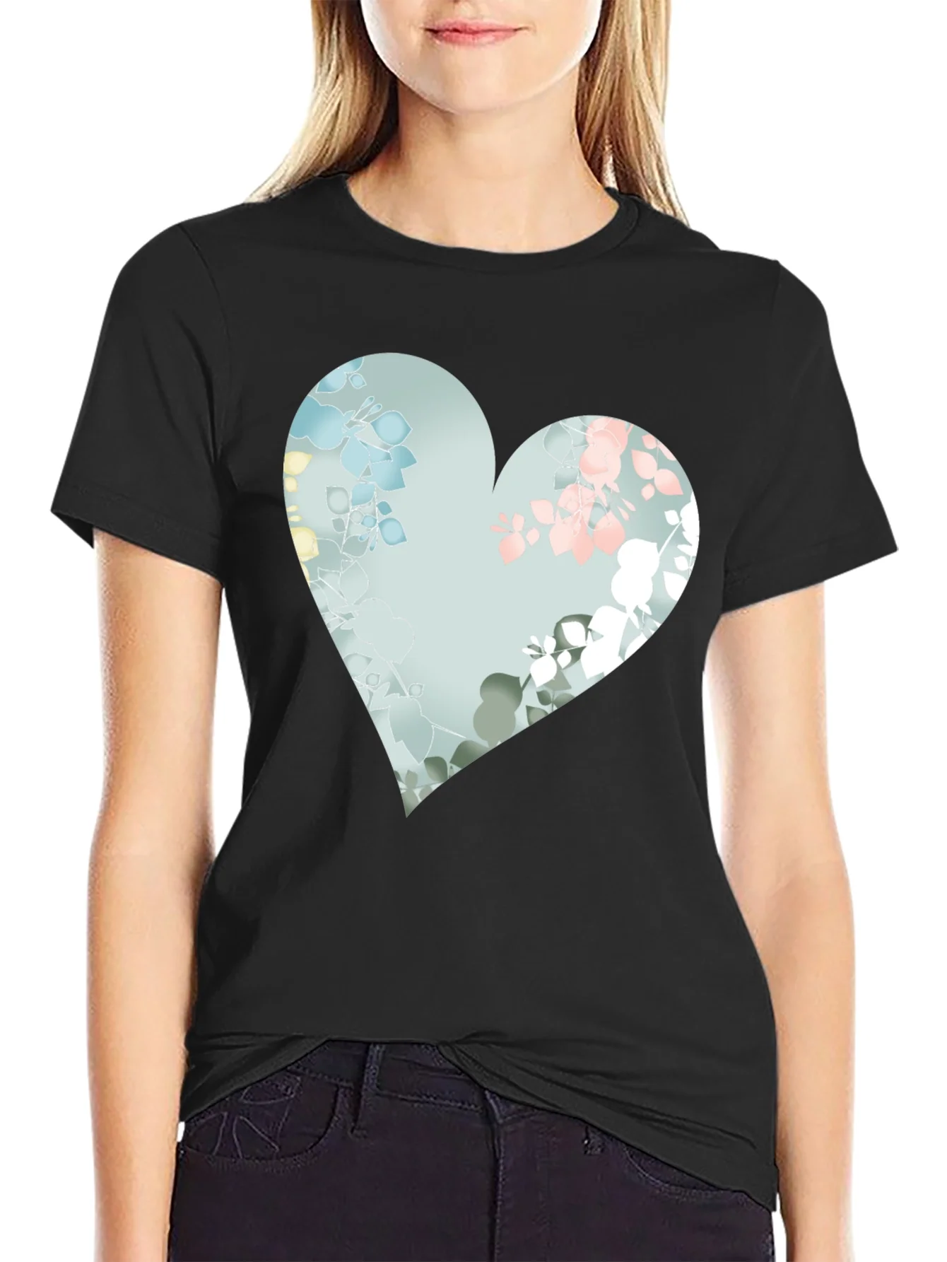 Floral Heart Graphic Black Tee