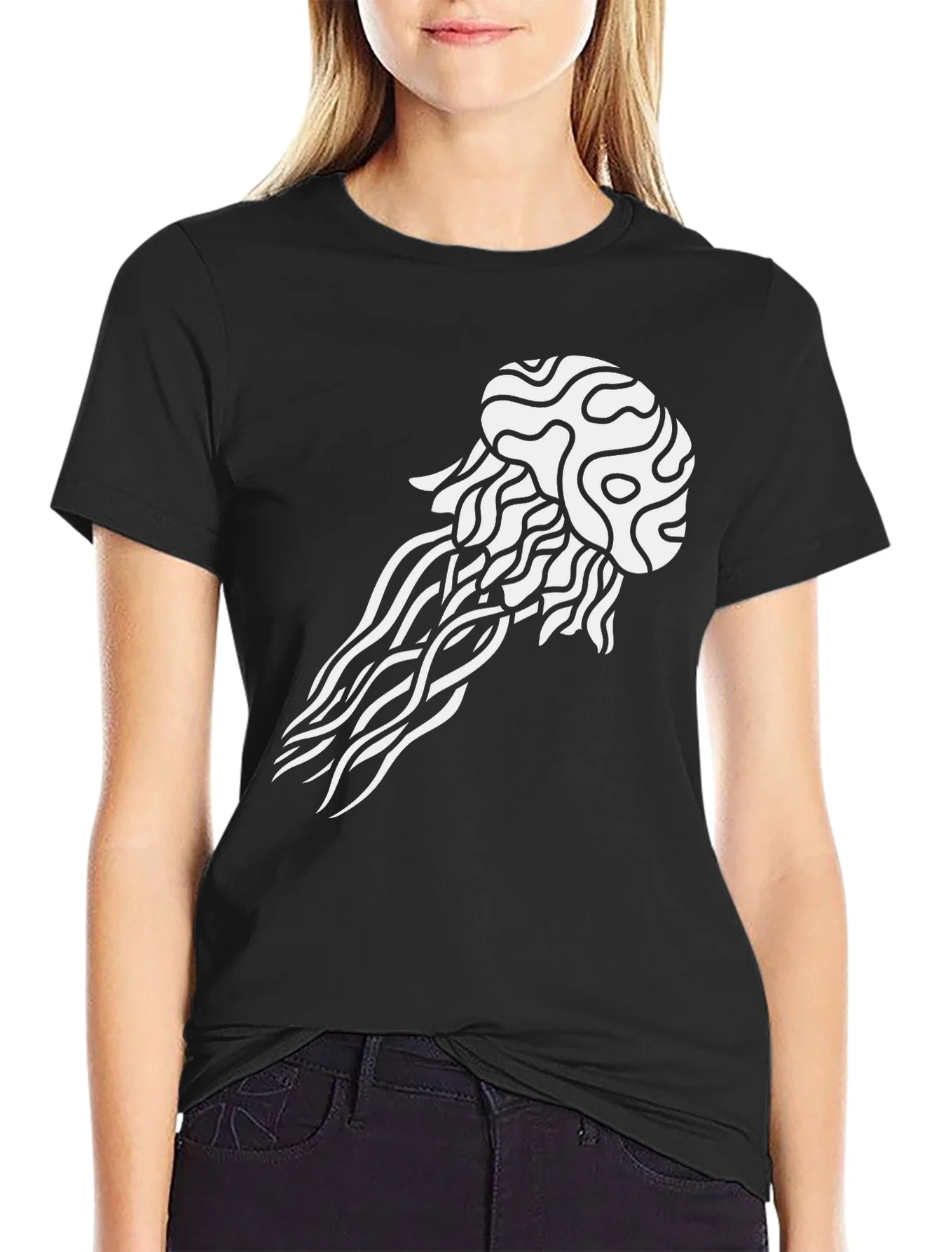 Jellyfish Graphic Tee - Black Cotton Casual T-Shirt