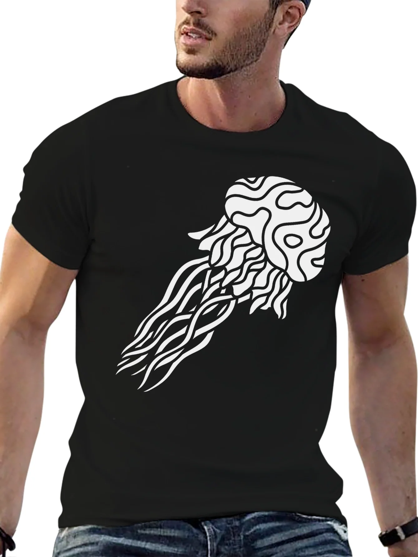 Jellyfish Graphic Tee - Black Cotton Casual T-Shirt