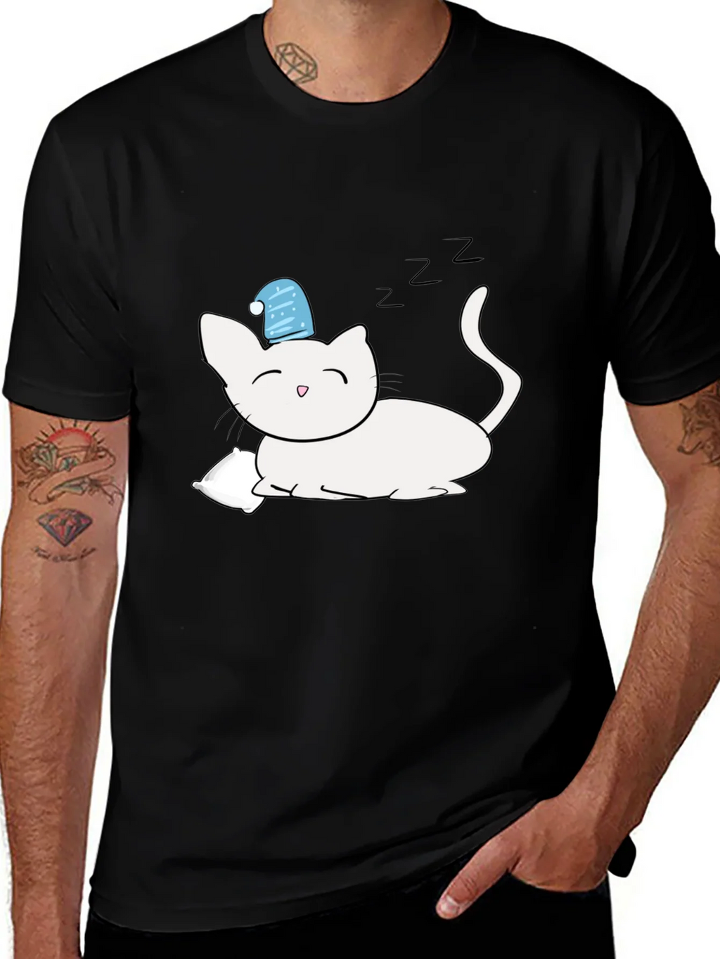 Sleeping Cat Graphic T-Shirt - Black Cotton Tee