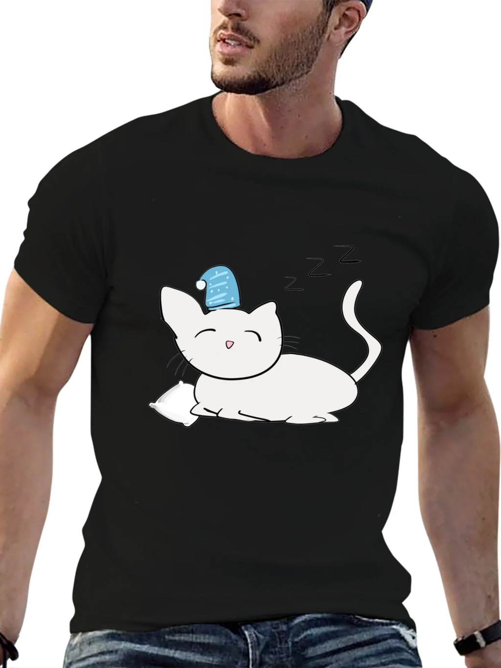 Sleeping Cat Graphic T-Shirt - Black Cotton Tee
