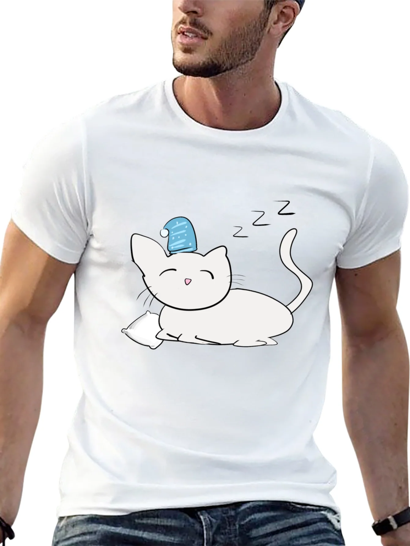 Sleeping Cat Graphic T-Shirt - Black Cotton Tee
