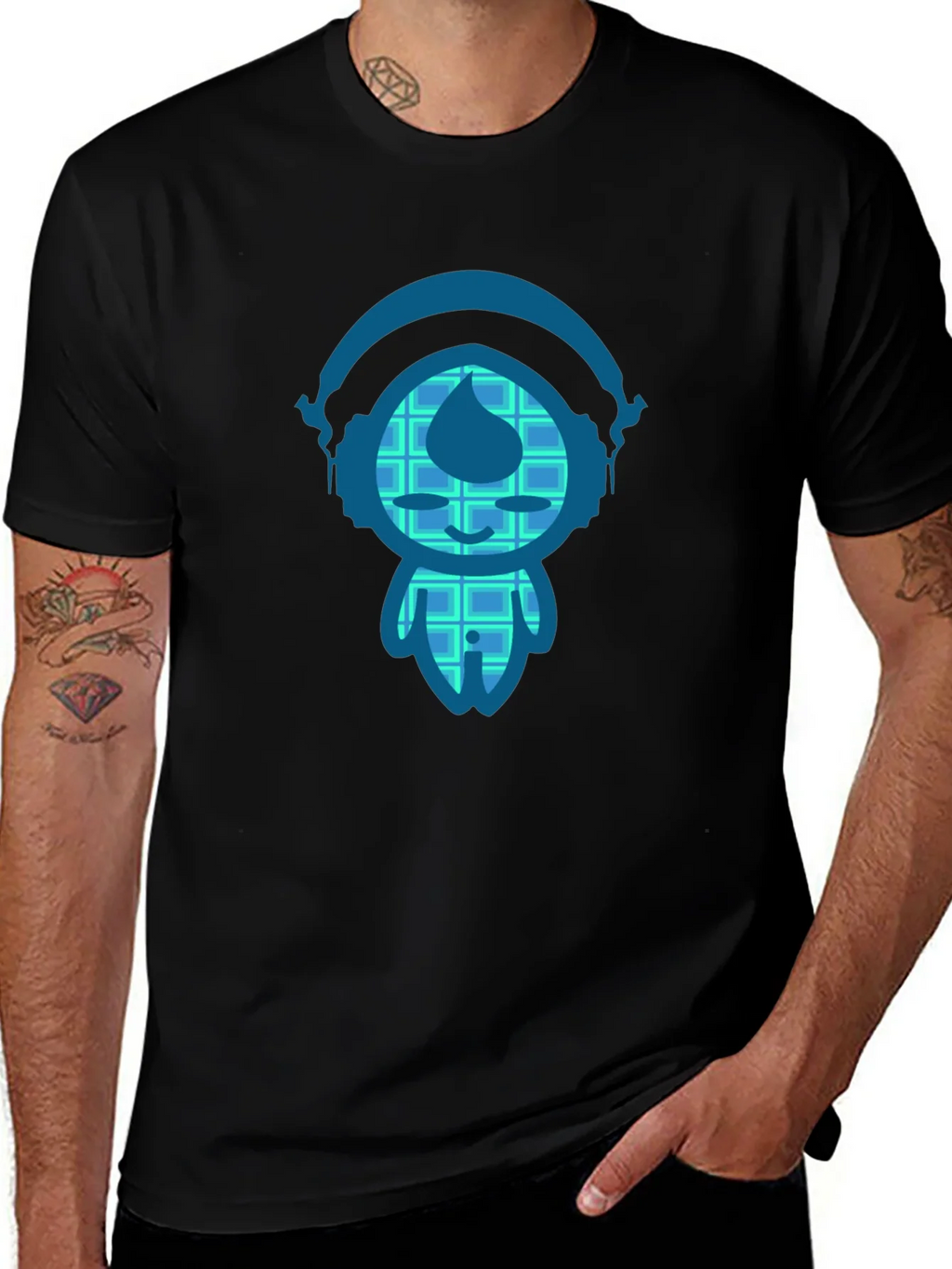 Black T-Shirt with Blue Cartoon Character