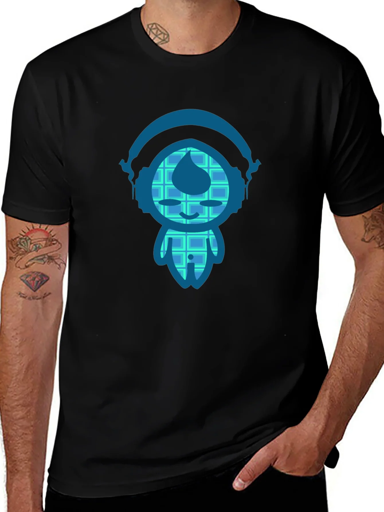 Black T-Shirt with Blue Cartoon Character
