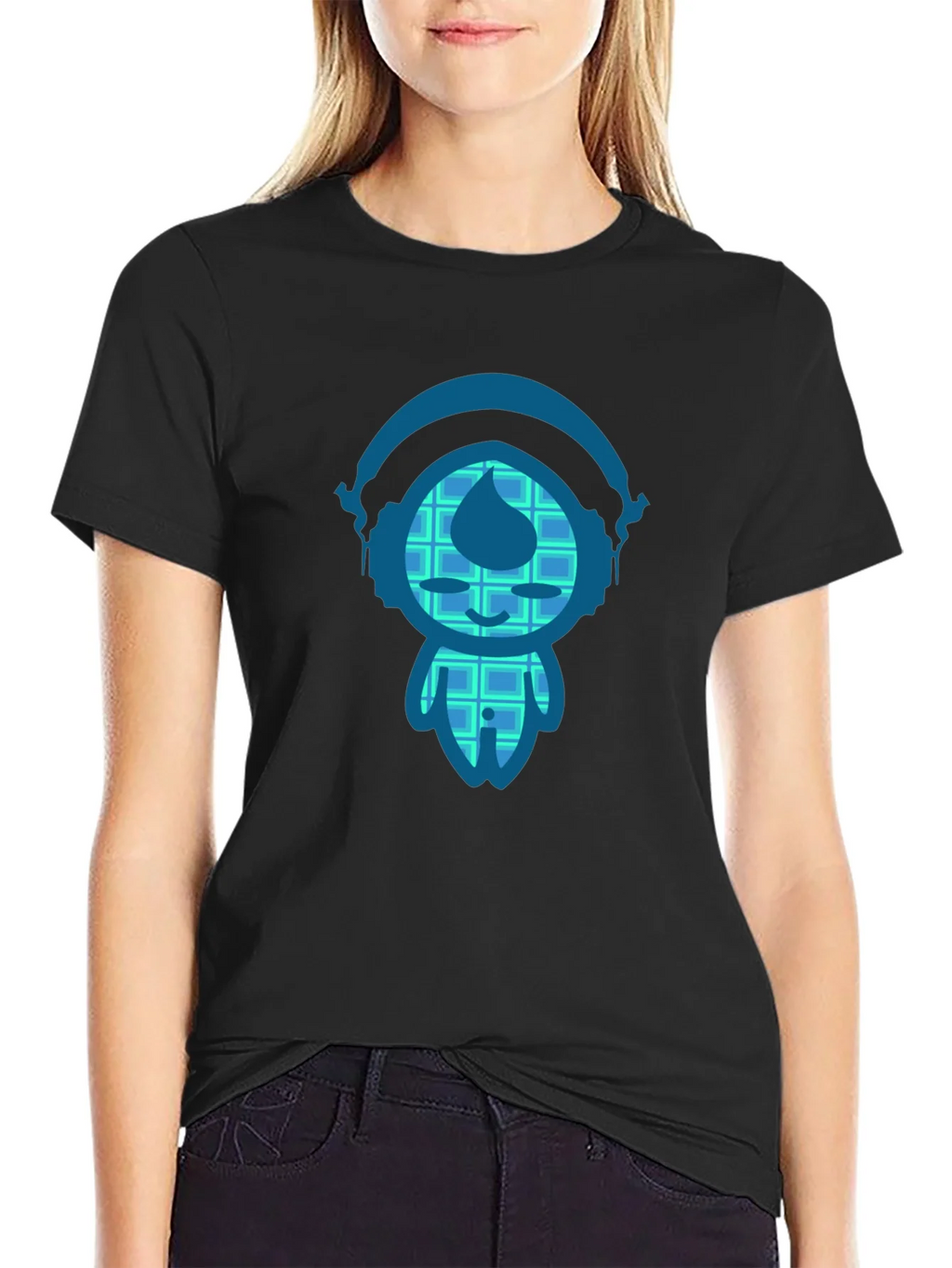 Black T-Shirt with Blue Cartoon Character